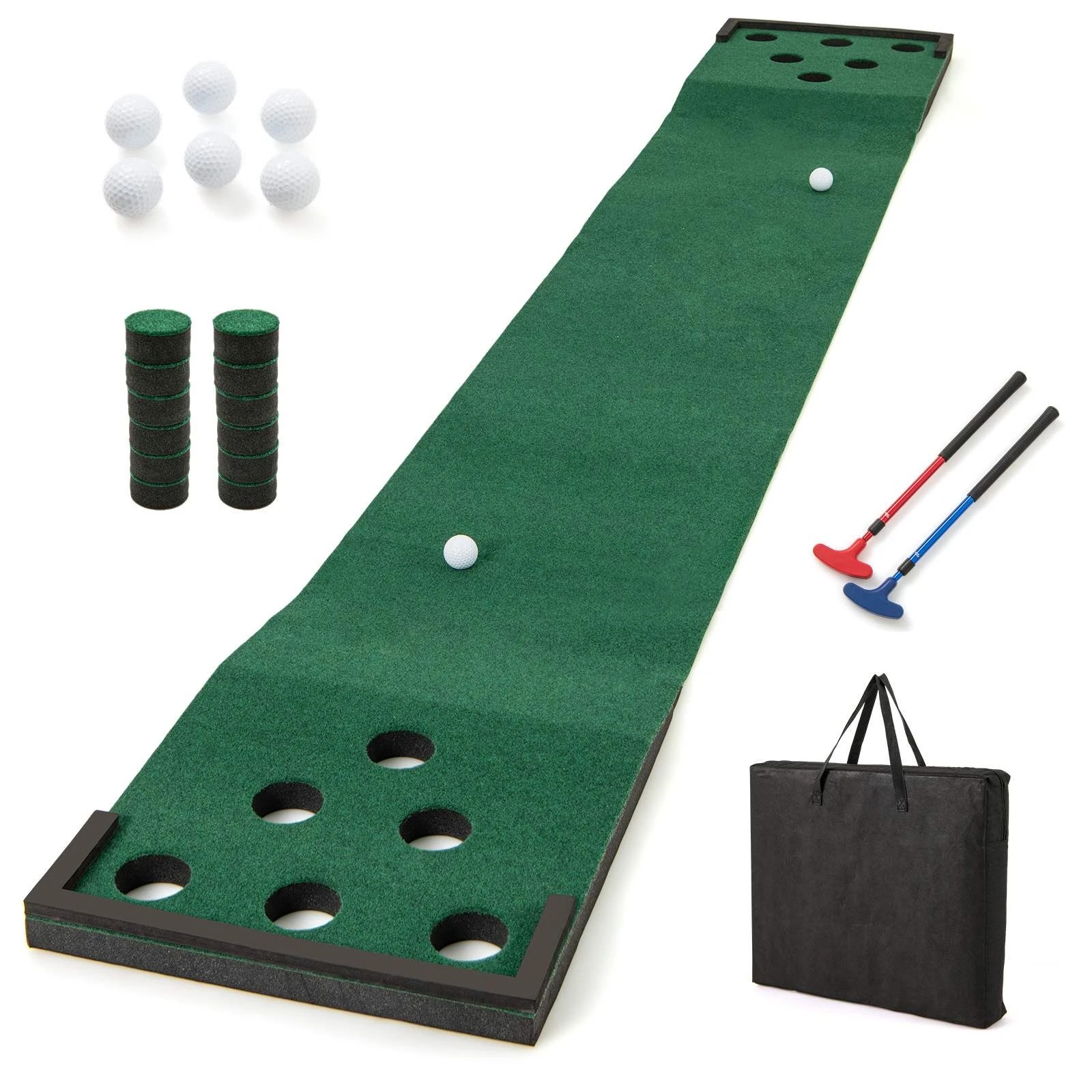 1 Costway 332x50cm Golf Putting Green Practice Mat w/2 Adjustable Putters Training Aid, 1 of 1