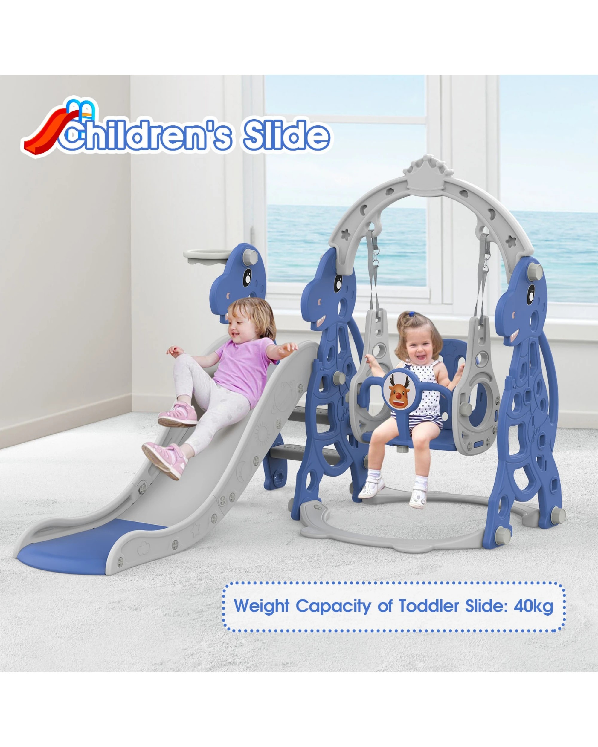 6 Advwin 4-in-1 Kids Slide Swing Set with Basketball Hoop Blue, 6 of 8