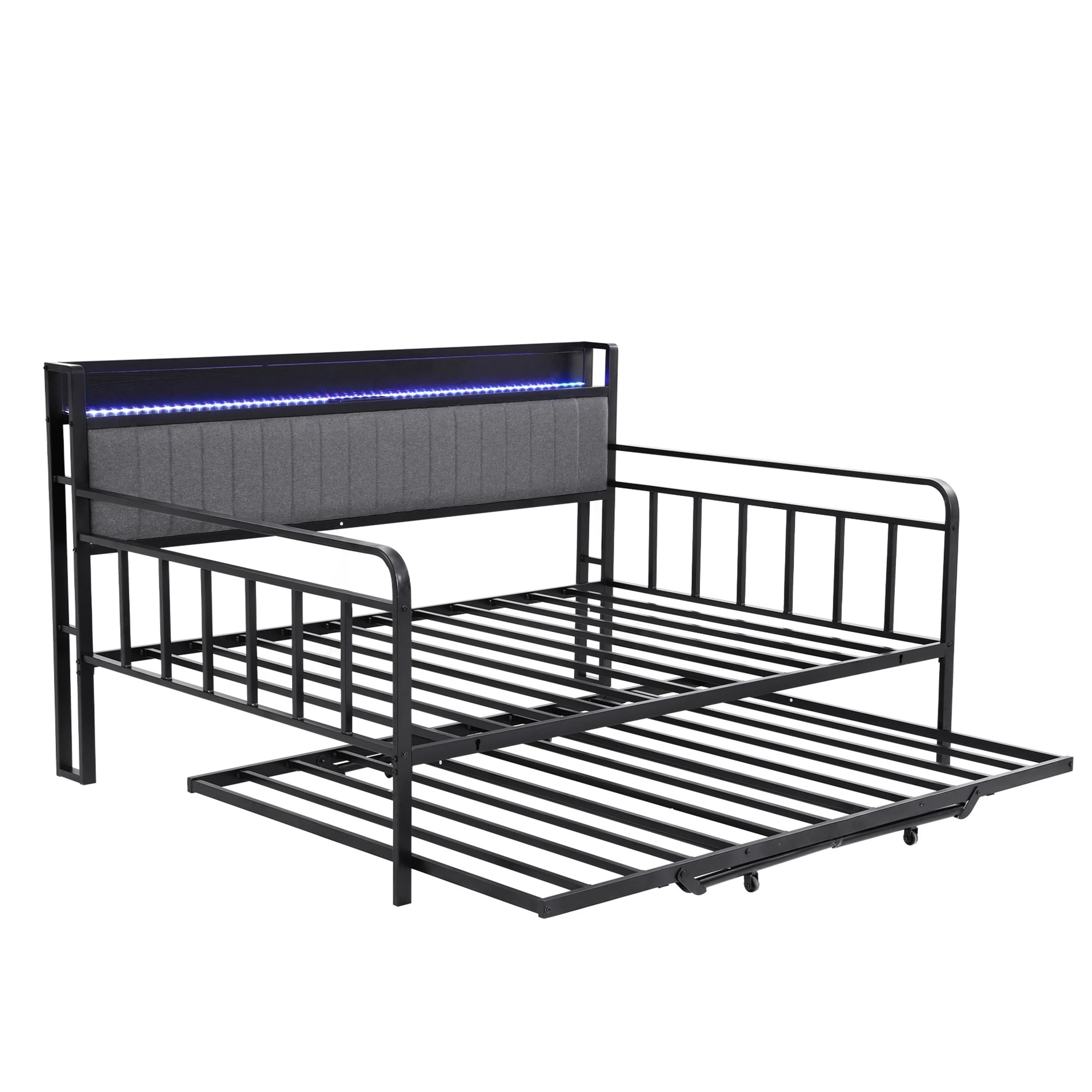 1 Artiss Bed Frame LED Metal Trundle Daybed with Charging Station - Double Bed - Black, 1 of 8