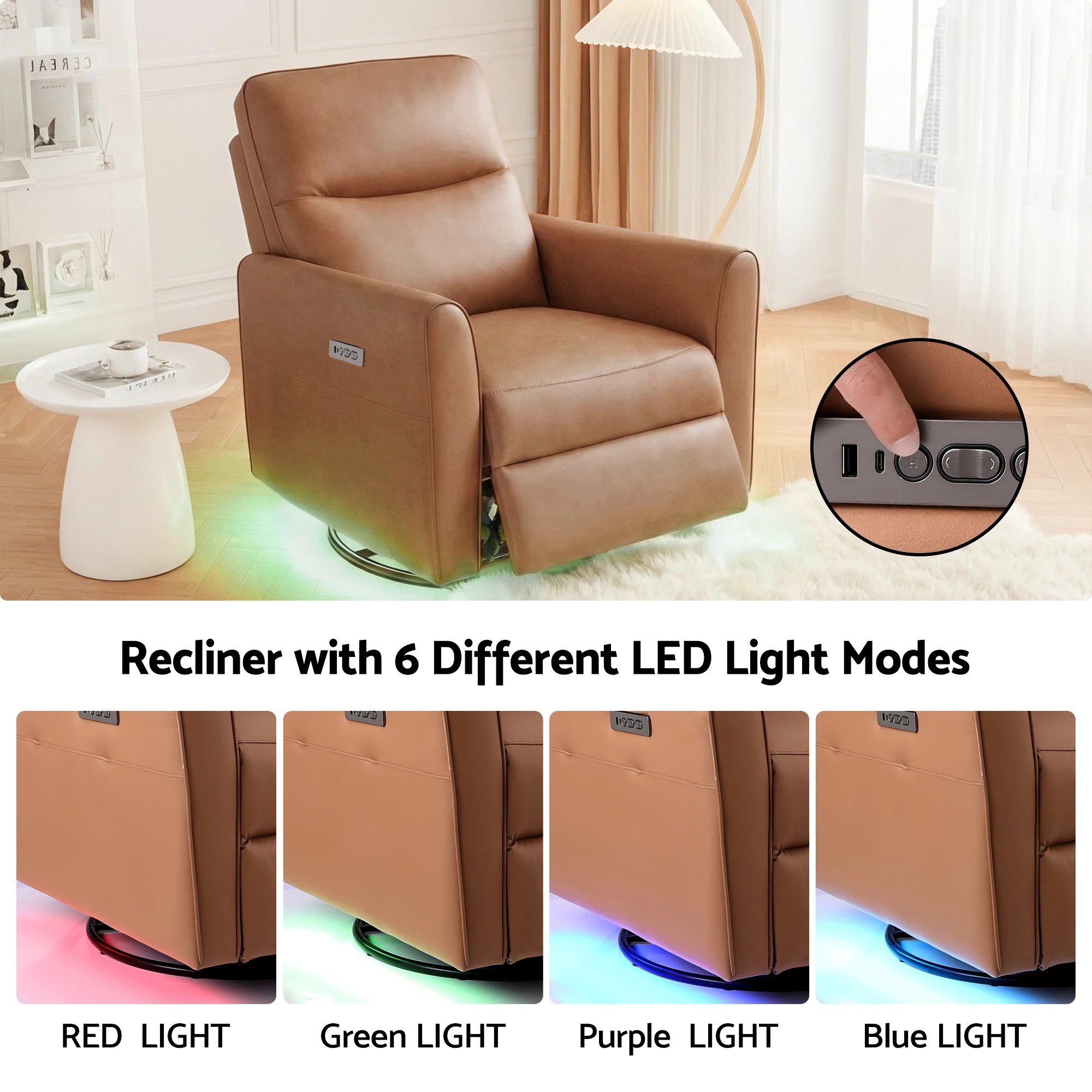 4 Artiss Swivel Recliner Chair Leather Rocking Reclining Sofa​ with Charging Ports - Brown, 4 of 6