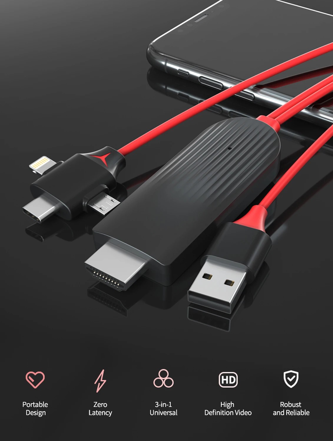 4 TODO 3 in 1 HDMI to Lightning Micro USB Type C Adapter Cable Charge iPhone Android AV TV, 4 of 6