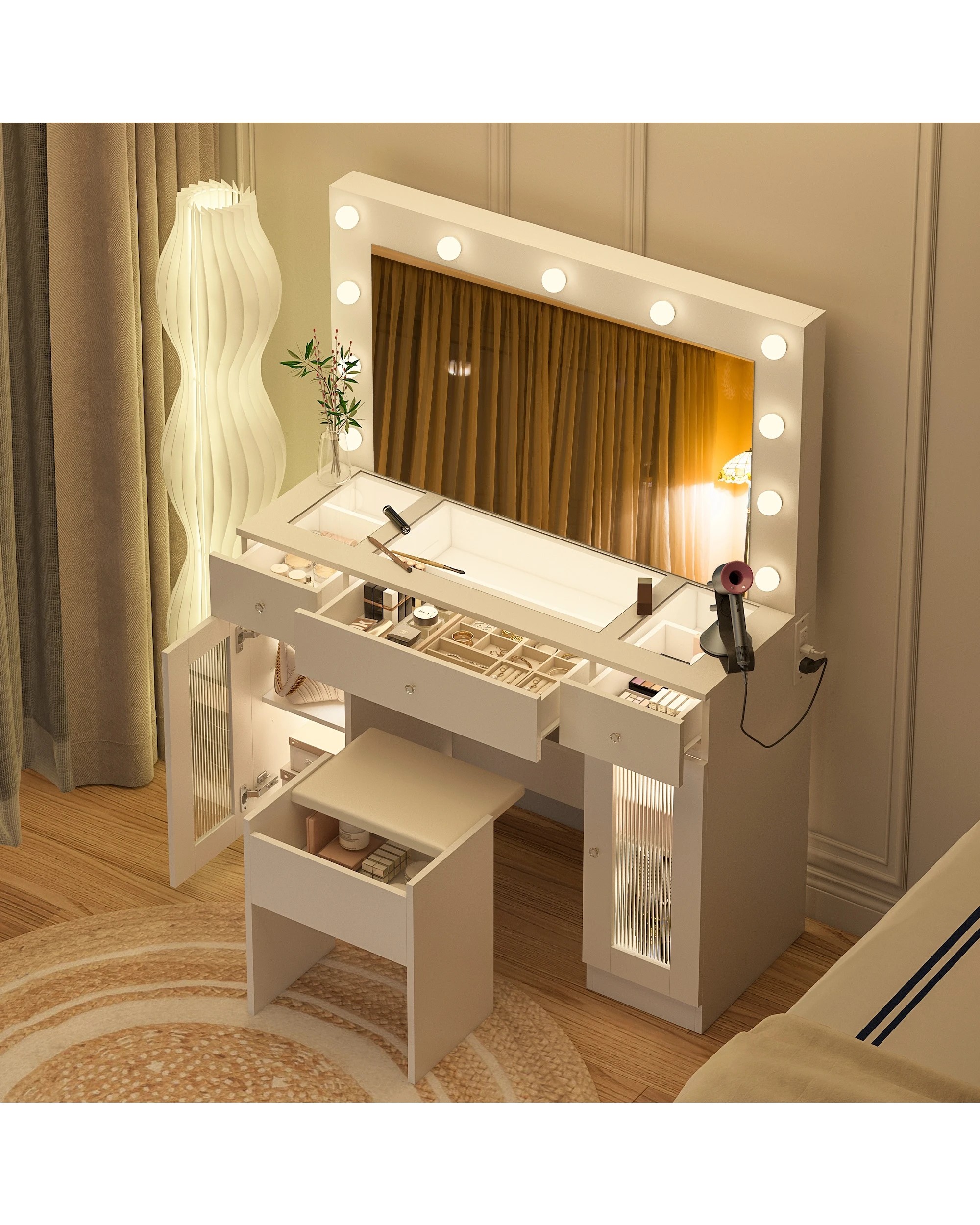 9 Advwin Dressing Table Set with Mirror Glass Top Power Outlet, 9 of 10