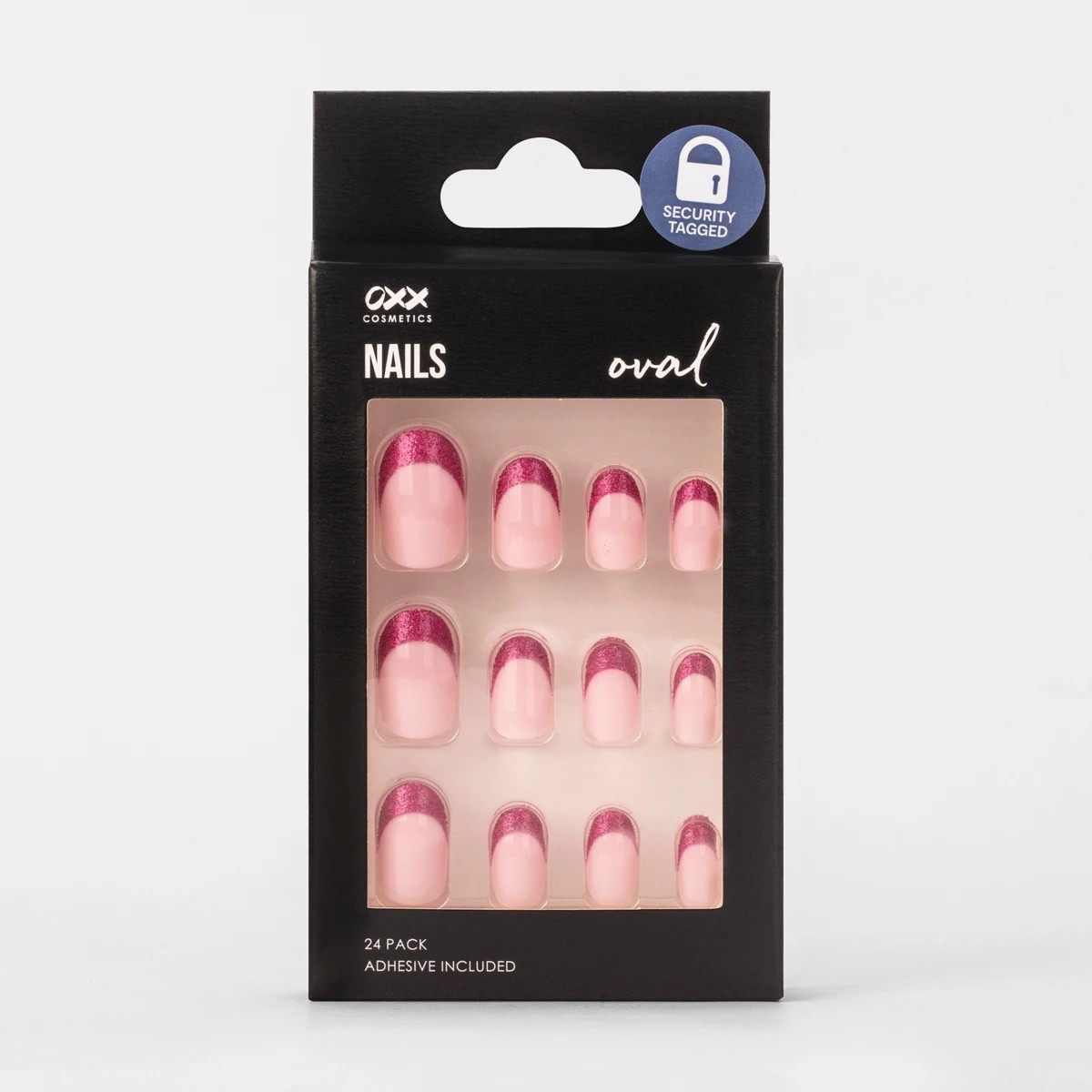 1 OXX Cosmetics 24 Pack False Nails with Adhesive - Oval Shape, Pink Shimmer, 1 of 5