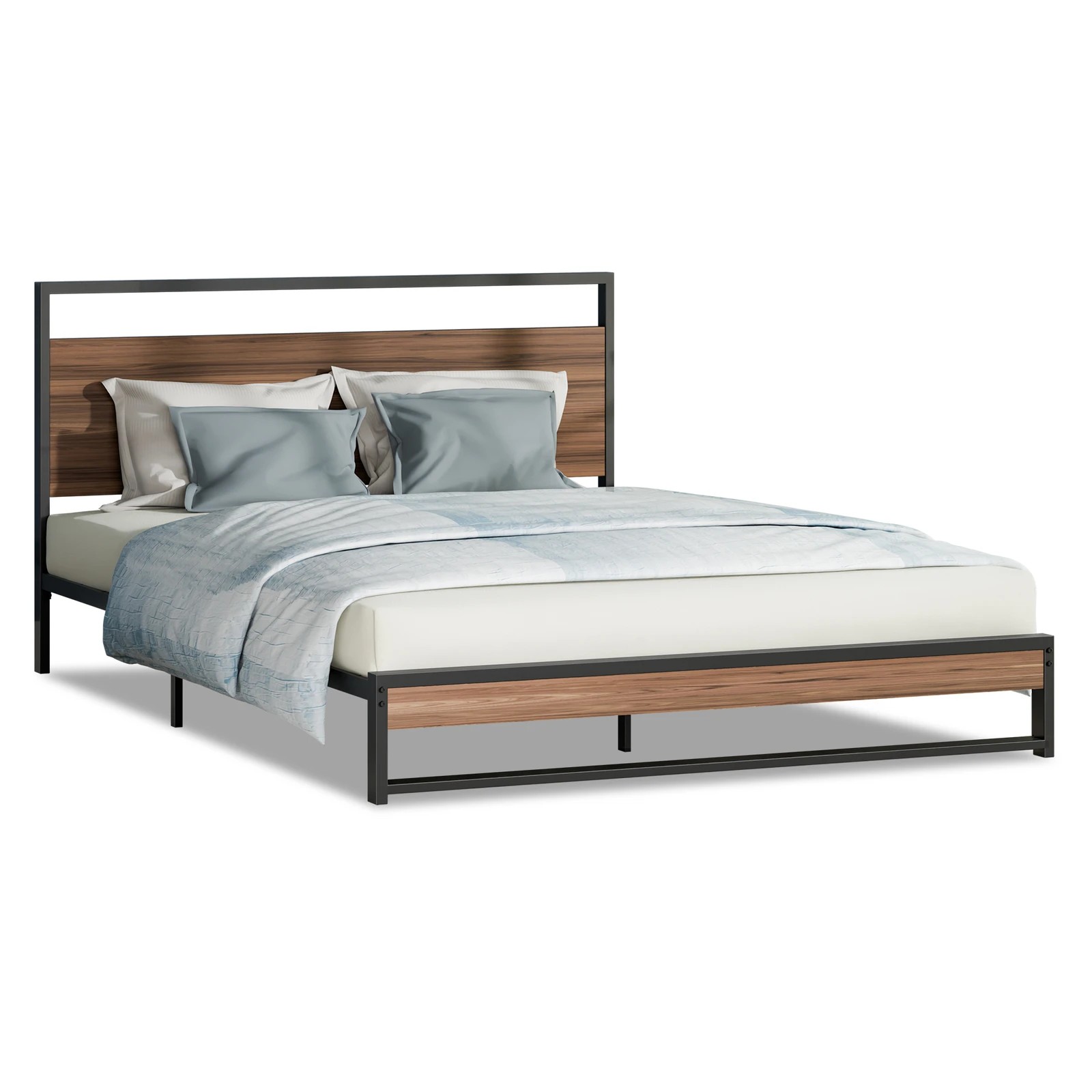 1 Alfordson Metal Bed Frame Queen Size Industrial Platform Mattress Base - Wood - Natural, 1 of 10