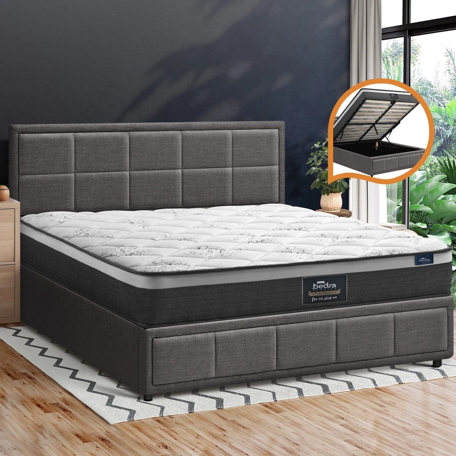 3 Oikiture Bed Frame Queen Size Gas Lift Storage With Mattress Set BOSS - Grey, 3 of 8