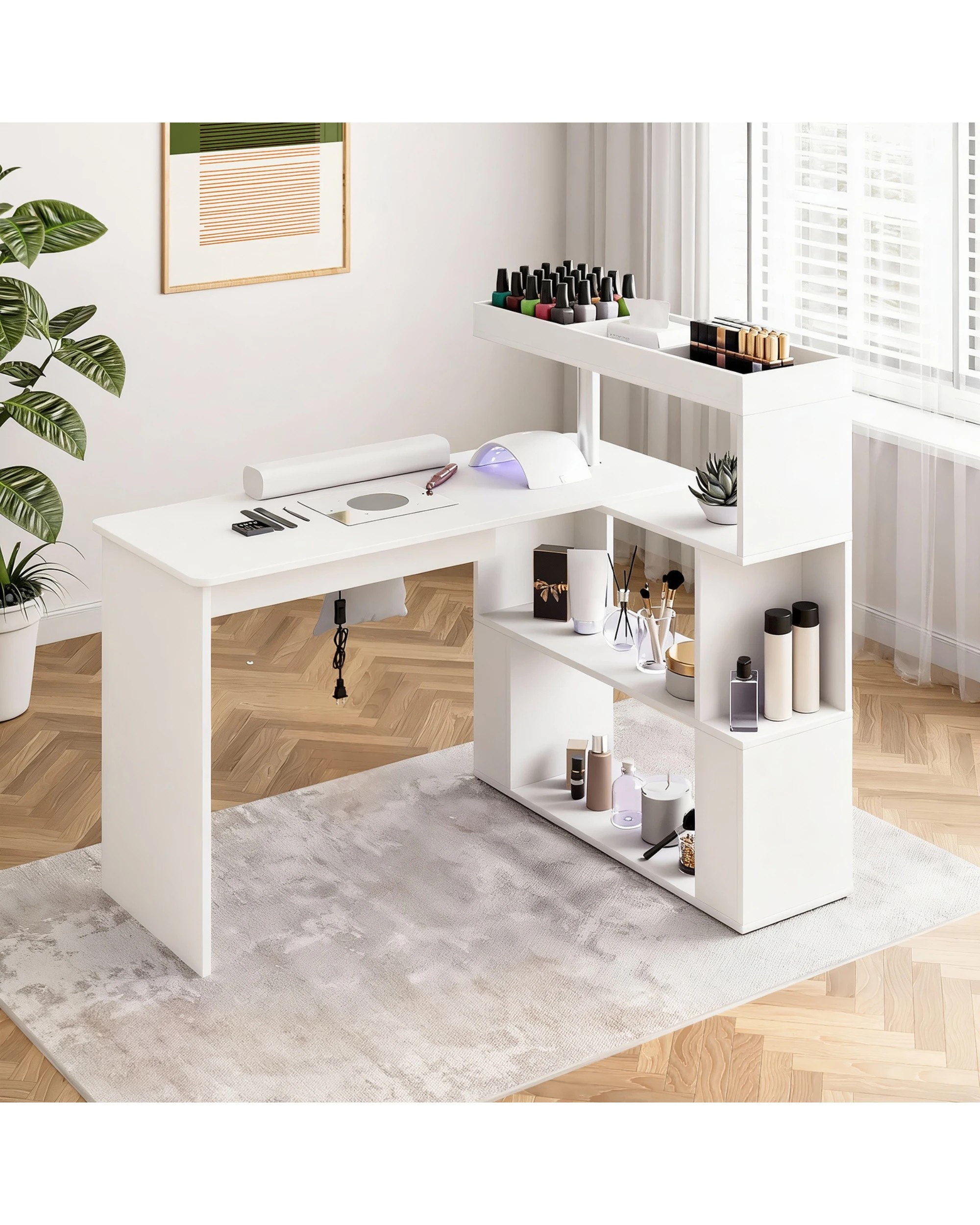 2 Advwin Manicure Table Dressing Nail Tech Desk with Dust Collector Rotating Reversible L-Shaped Salon Workstation - White, 2 of 8