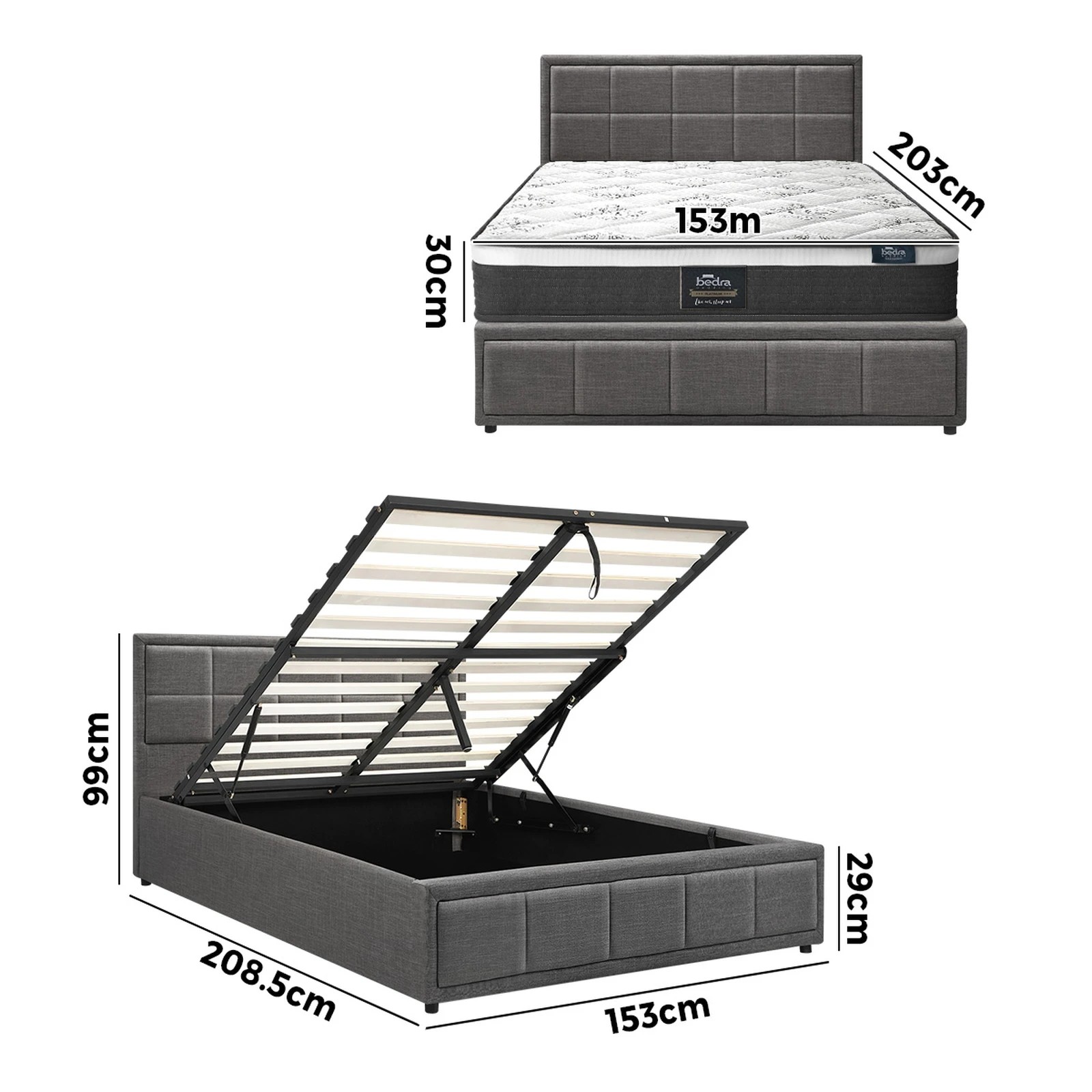 2 Oikiture Bed Frame Queen Size Gas Lift Storage With Mattress Set BOSS - Grey, 2 of 8