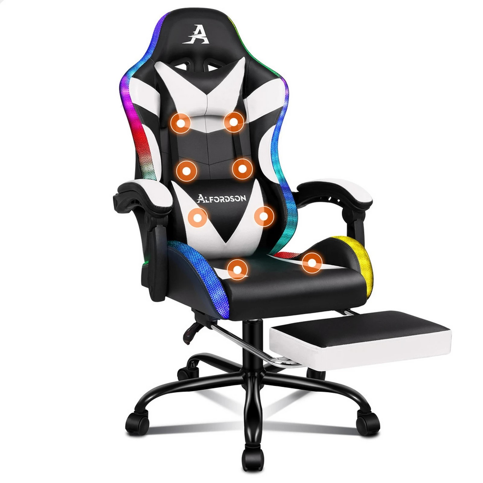 1 Alfordson Gaming Chair Office Massage 12 RGB LED Computer Seat PU Leather - White, 1 of 6