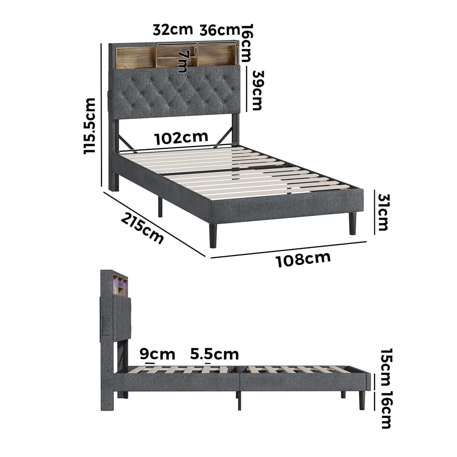 10 Oikiture King Single Bed With Led Storage Bedhead Bed Frame
 - Grey, 10 of 10