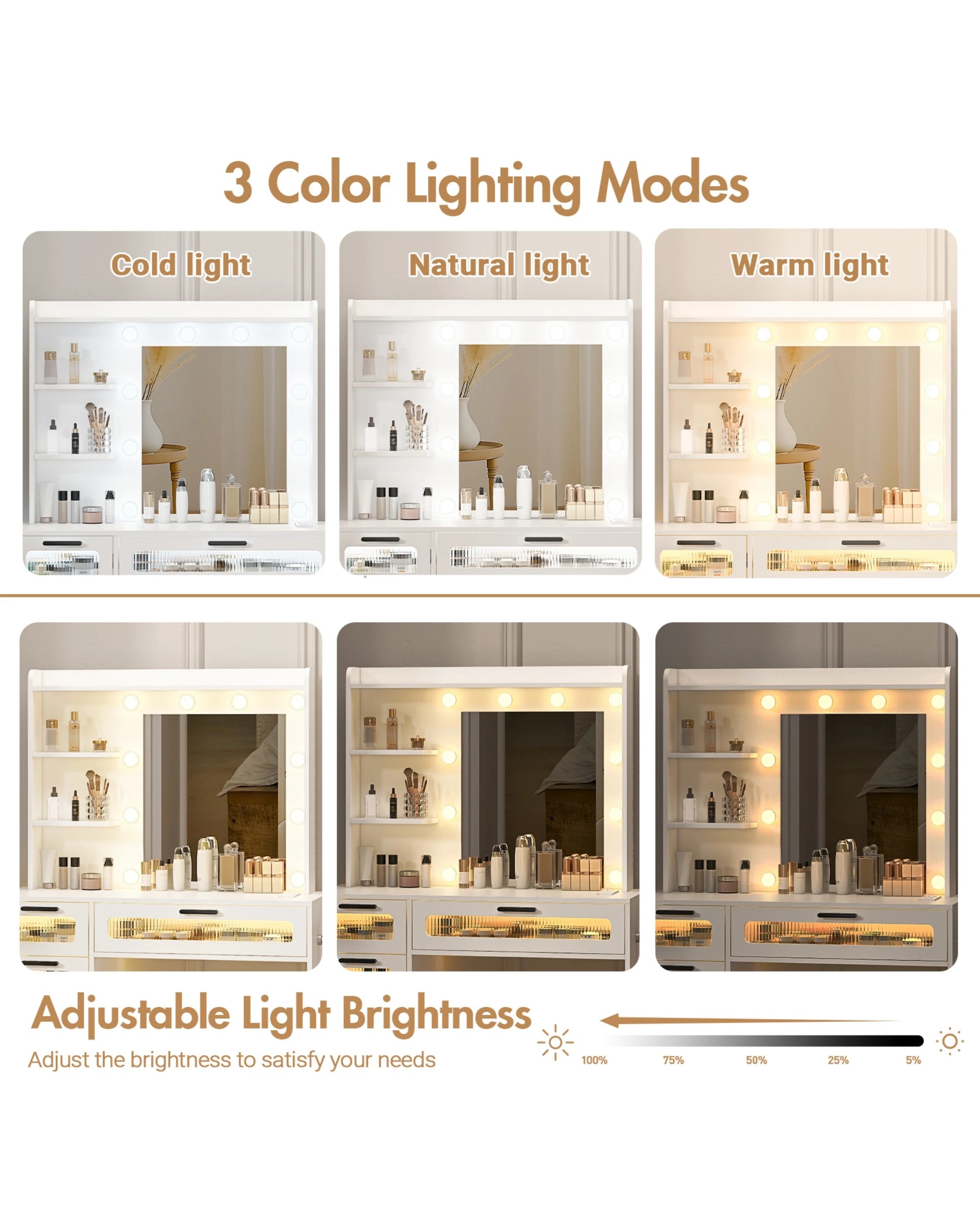 7 Advwin Dressing Table Stool Set With Mirror 10 Led Bulbs Vanity Desk
 - White, 7 of 9