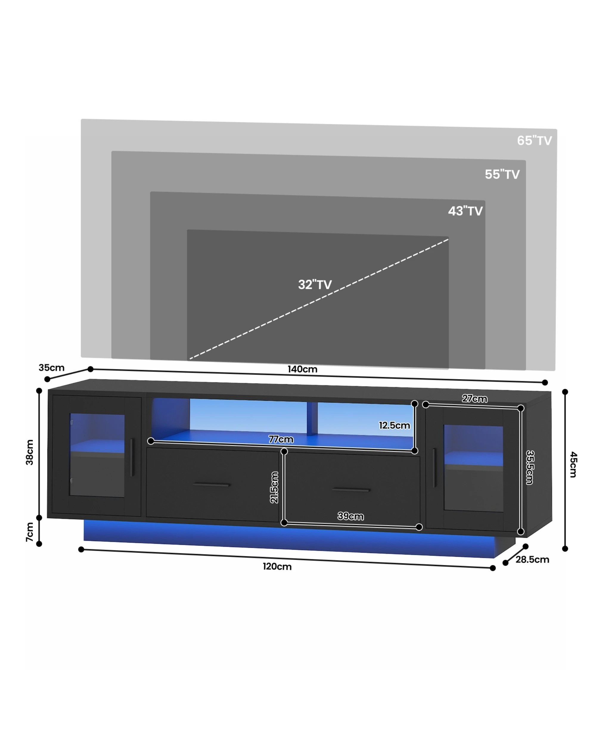 2 Advwin 140cm TV Cabinet LED Entertainment Unit Stand w/ Drawer & Door Media Console Table, 2 of 8
