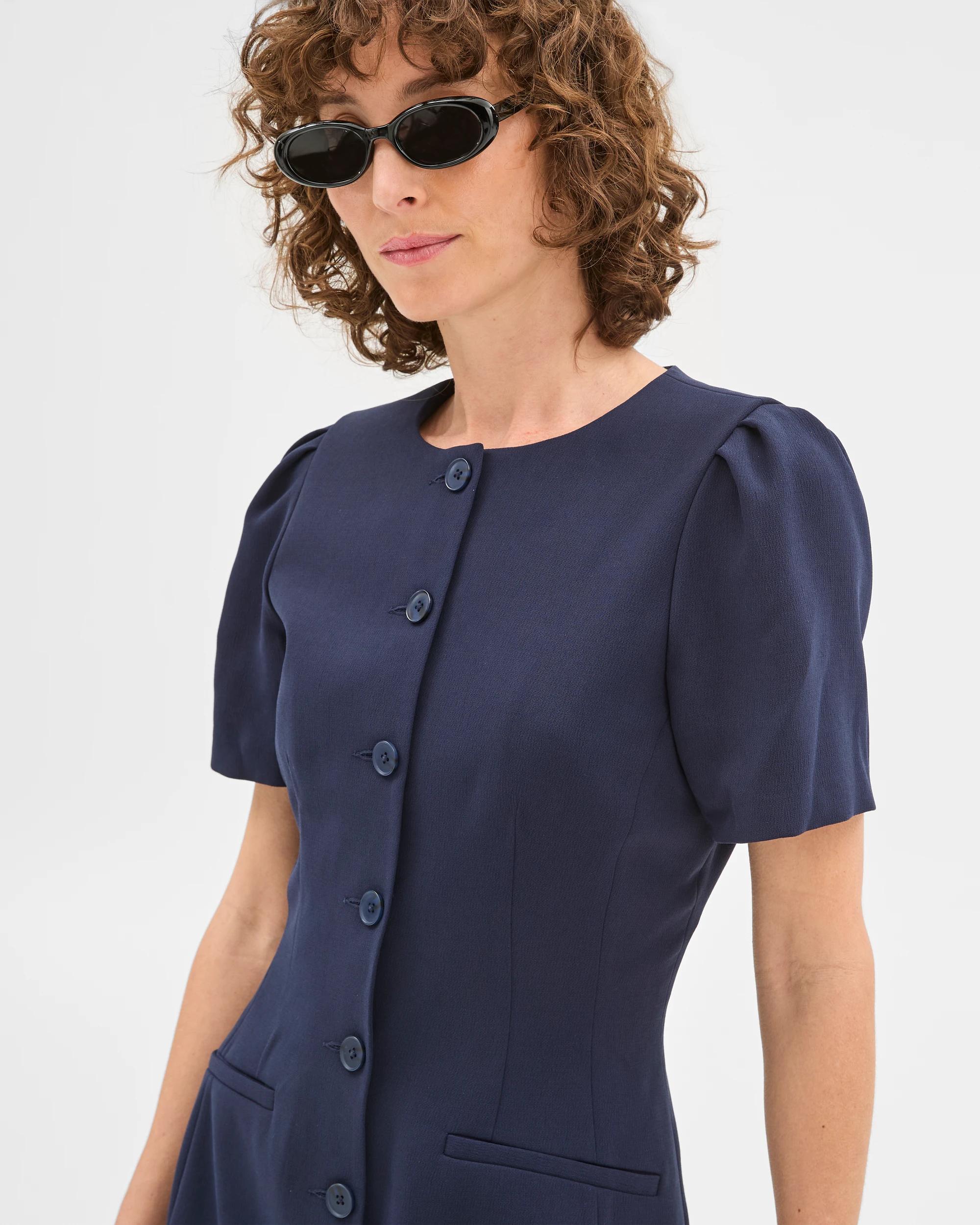 3 Crepe Tailored Puff Sleeve Dress - Preview NAVY BLUE, 3 of 6