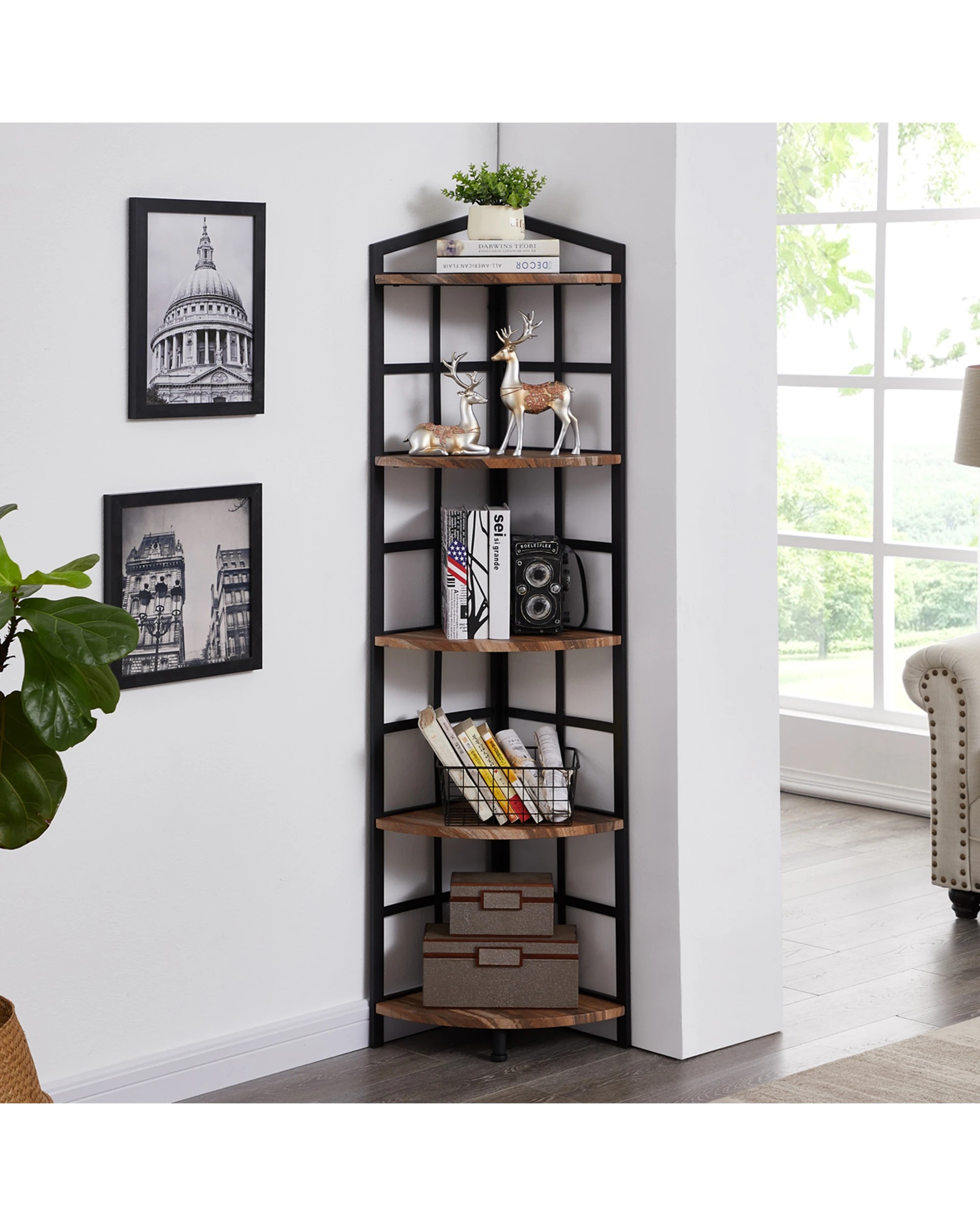 2 IHOMDEC 5 Tier Corner Bookshelf - Brown, 2 of 8