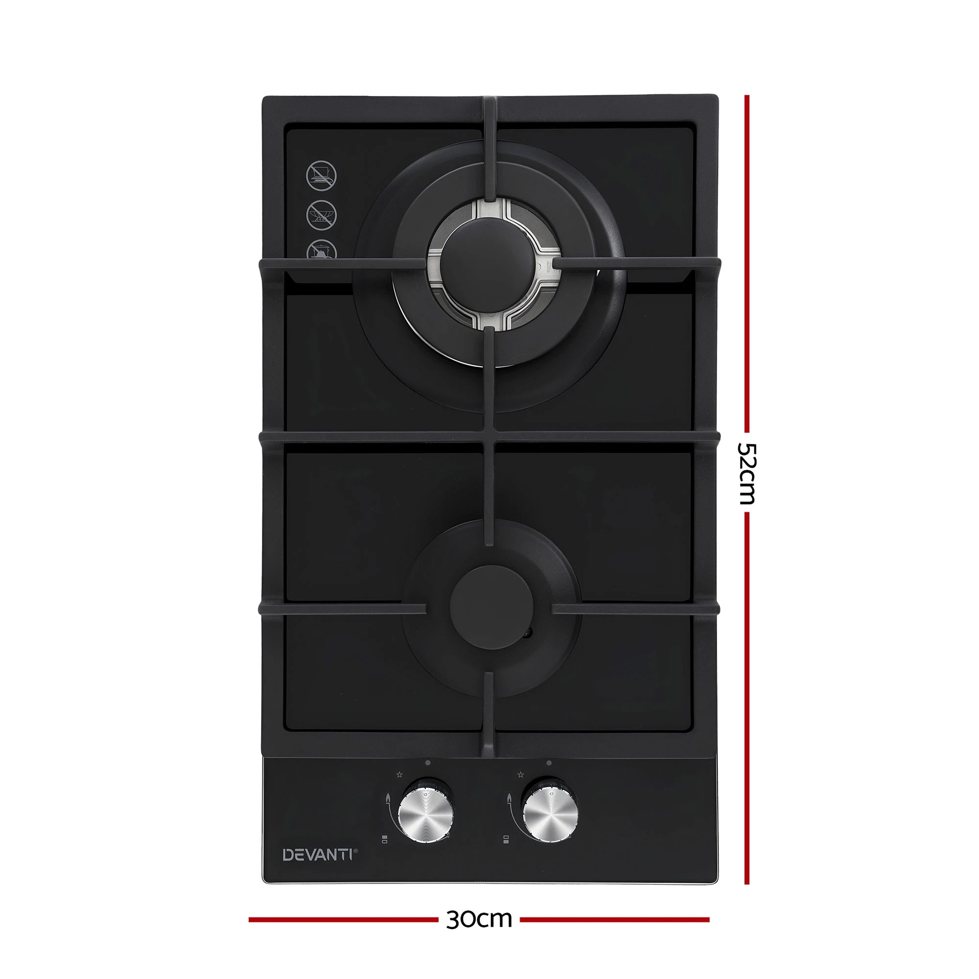 1 Devanti Gas Cooktop 30cm 2 Burner Built-in Stove Glass Cook Top NG LPG Wok Burner - Black, 1 of 3