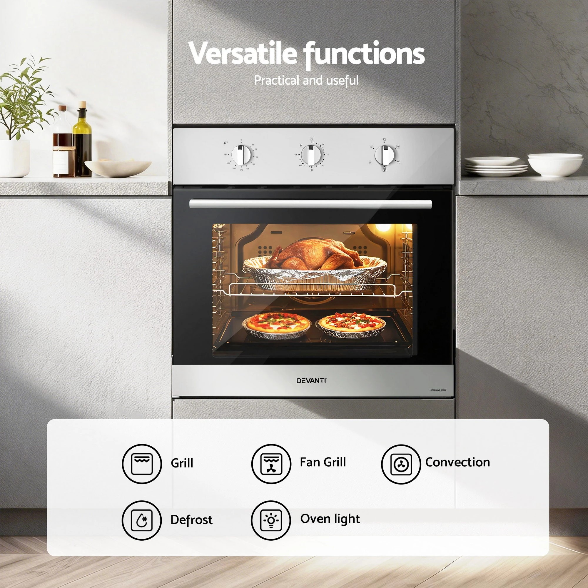 5 Devanti 60cm Electric Built In Wall Oven 70L Stainless Steel - Silver, 5 of 9