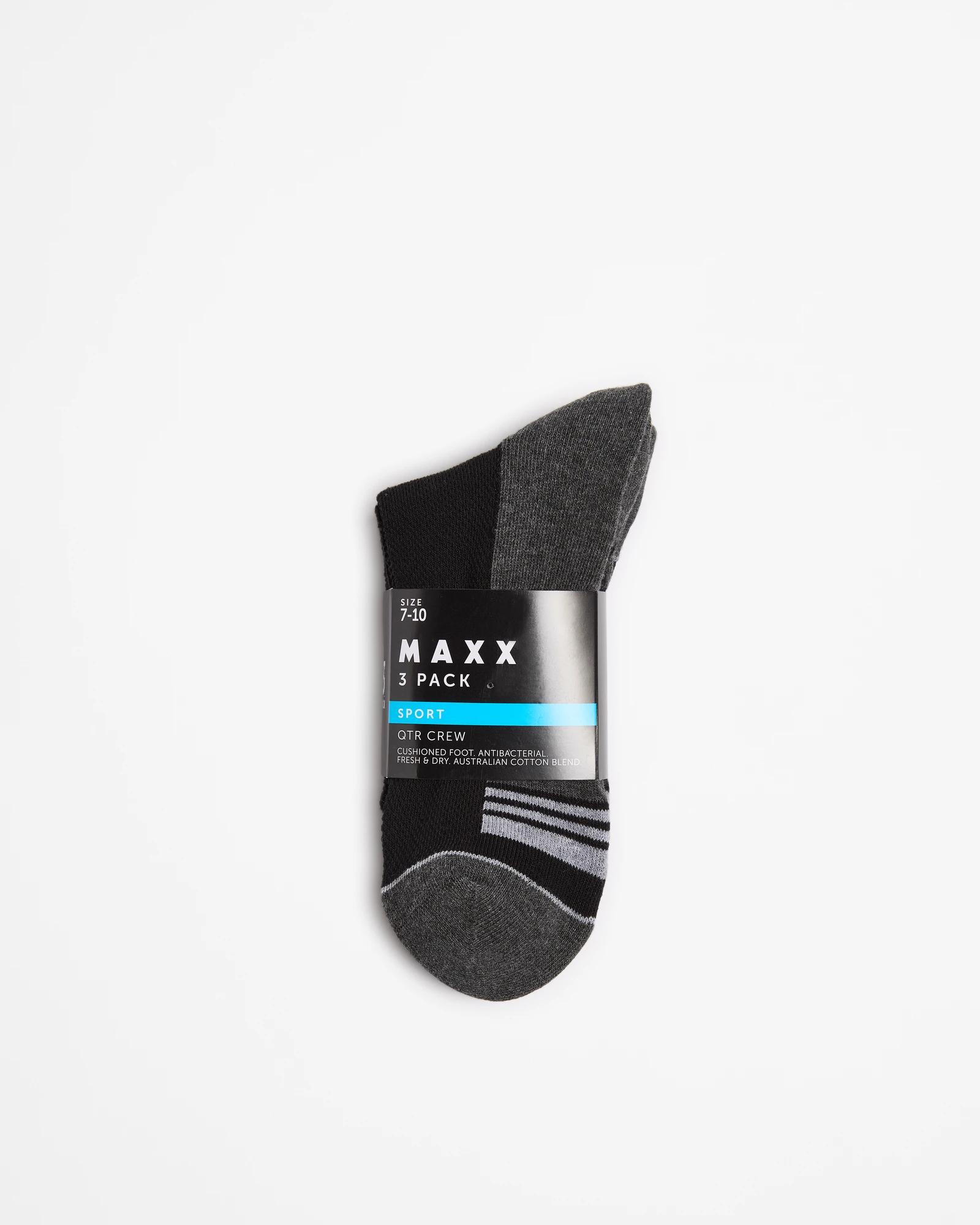 3 Australian Cotton Blend 3 Pack Sport Quarter Crew Socks - Maxx BLACK, 3 of 3