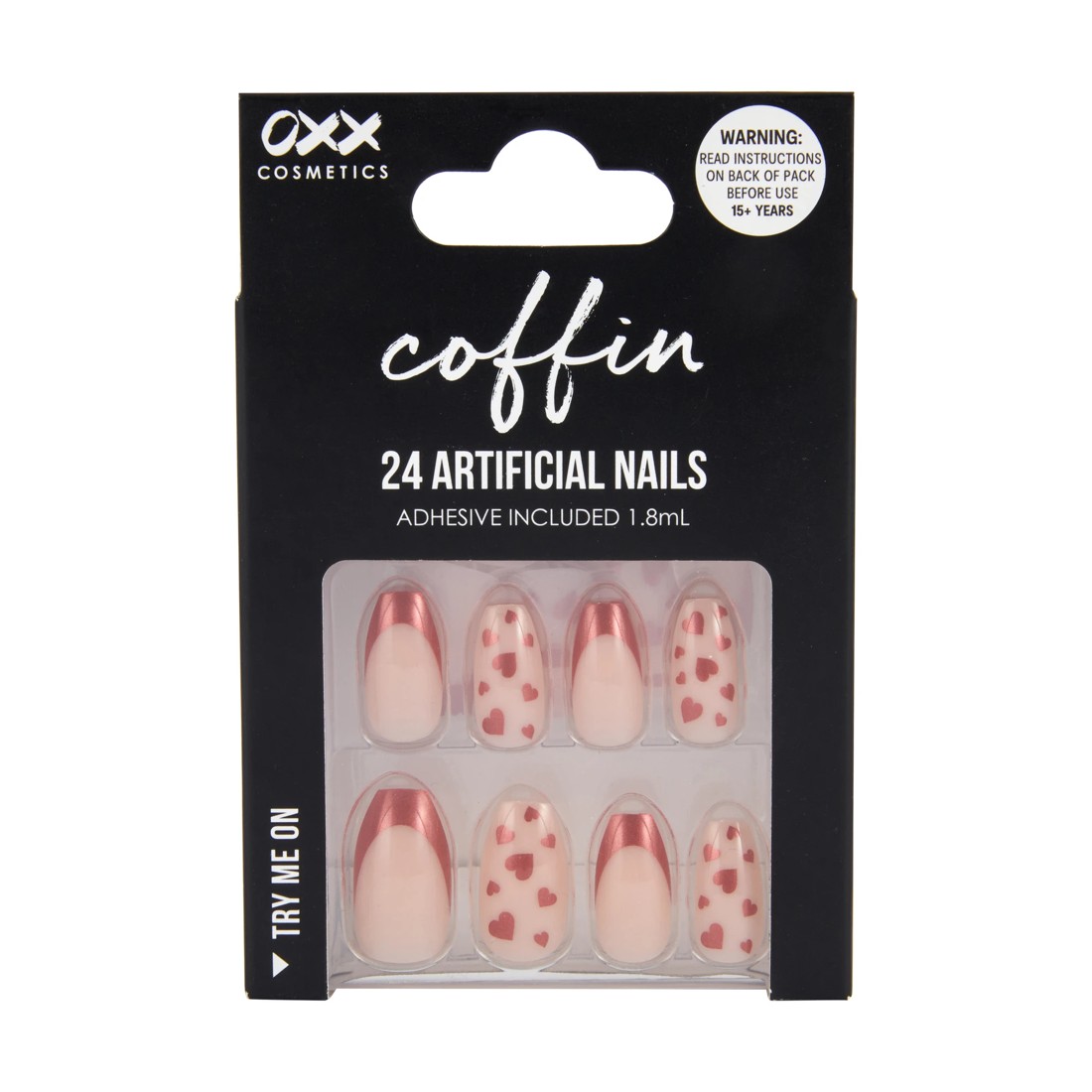 1 OXX Cosmetics 24 Pack Artificial Nails with Adhesive - Coffin Shape, Red Tip Hearts, 1 of 5