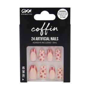 OXX Cosmetics 24 Pack Artificial Nails with Adhesive - Coffin Shape, Red Tip Hearts