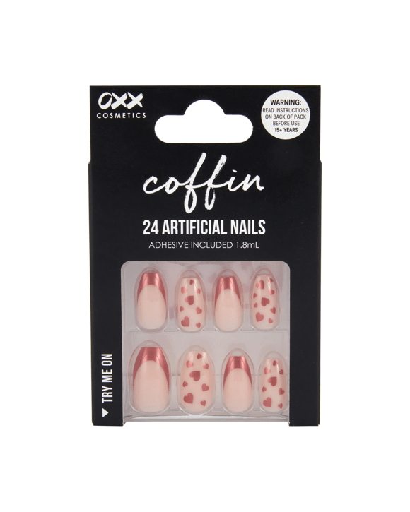 OXX Cosmetics 24 Pack Artificial Nails with Adhesive - Coffin Shape, Red Tip Hearts