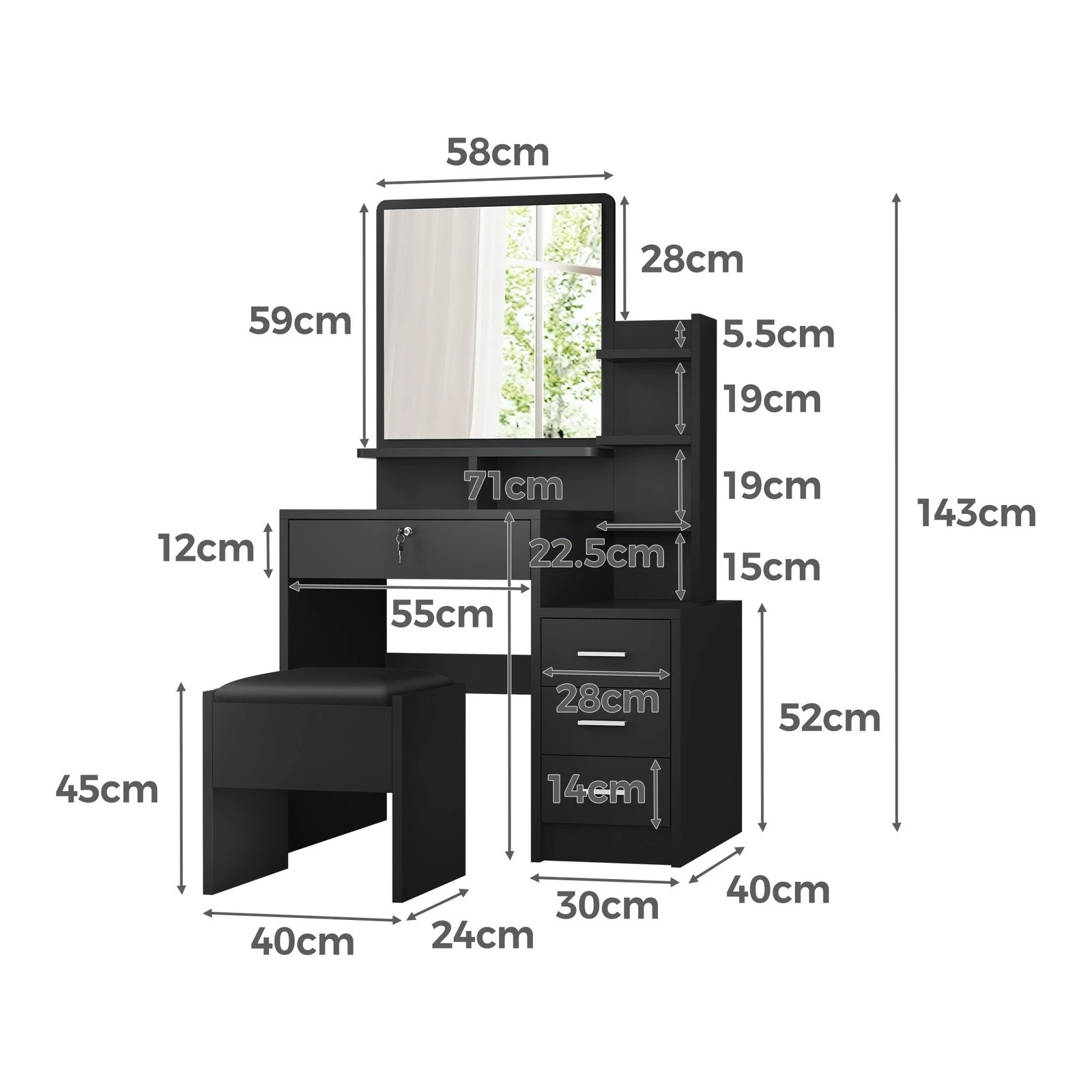9 Alfordson Dressing Table Stool Set Makeup Mirror Vanity Desk Black - Black, 9 of 10