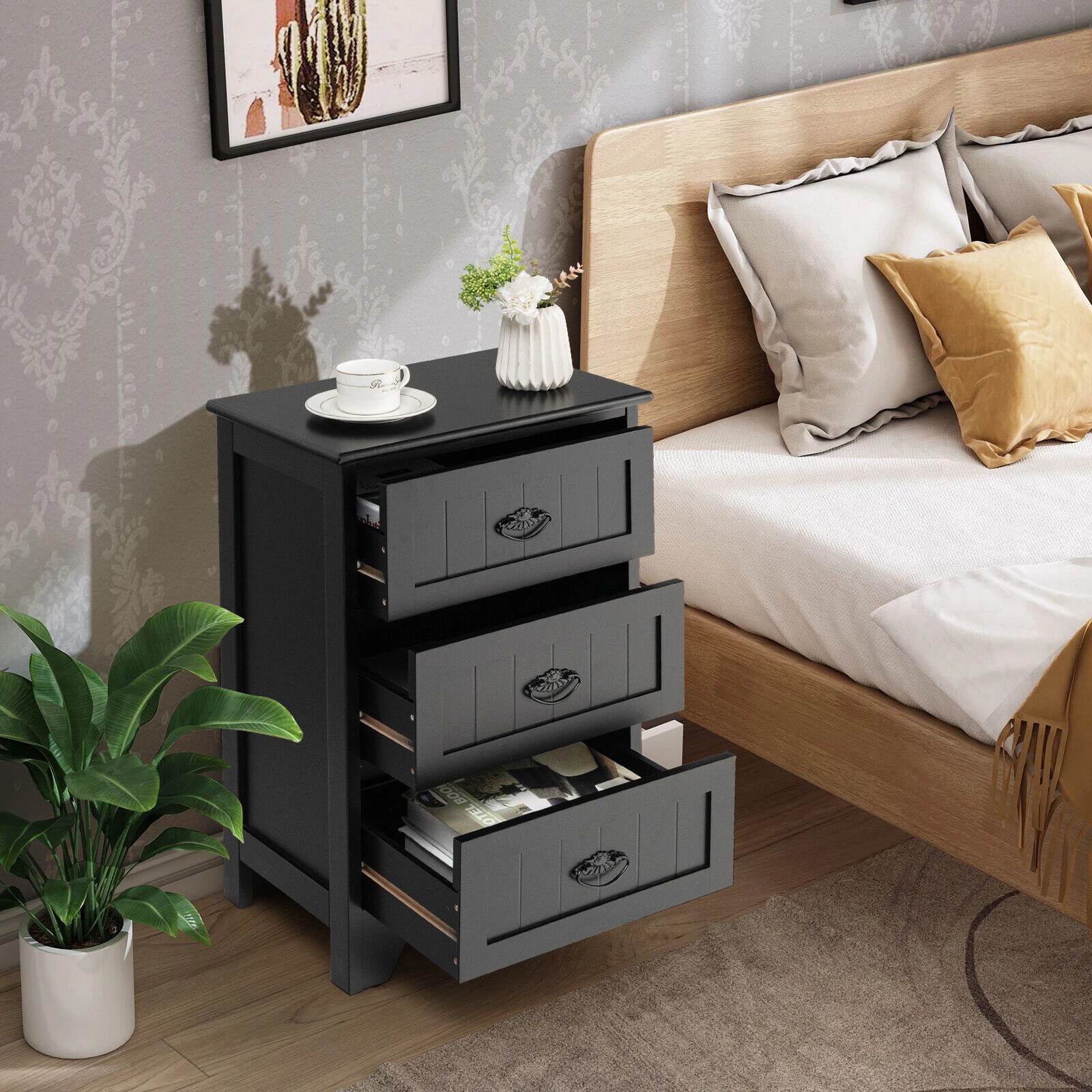 2 Costway 3 Drawers Bedside End Table Wood Nightstand, 2 of 8