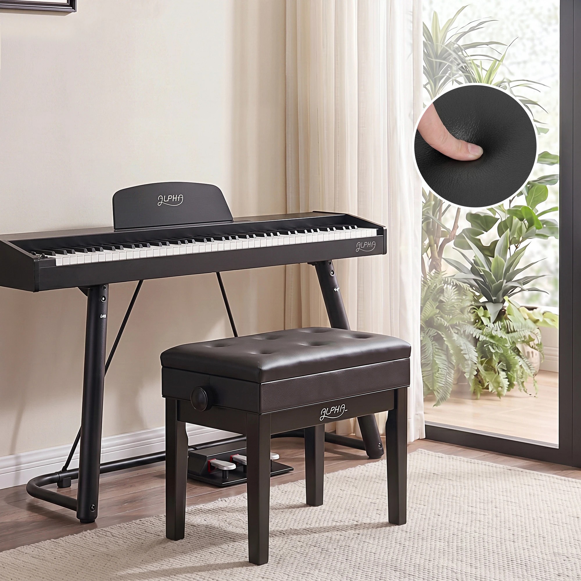 6 Alpha Adjustable Piano Bench Wooden Keyboard Seat Padded Music Chair - Black, 6 of 7