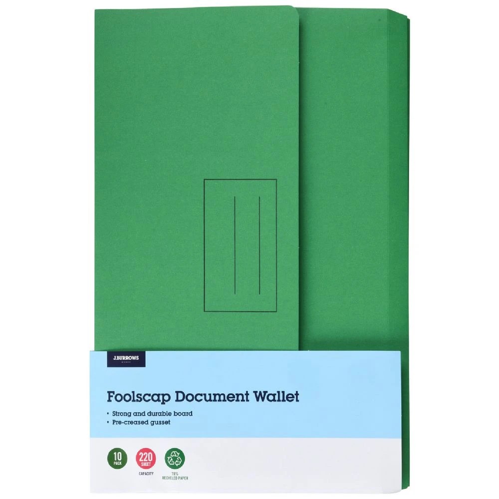 1 J.Burrows Foolscap Document Wallet Green 10 Pack, 1 of 4