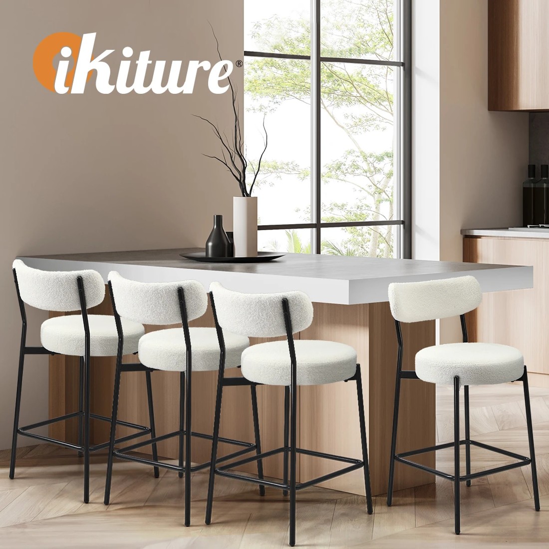 5 Oikiture 2x Bar Stools Kitchen Dining Chairs Counter Stool Boucle
 - White, 5 of 10