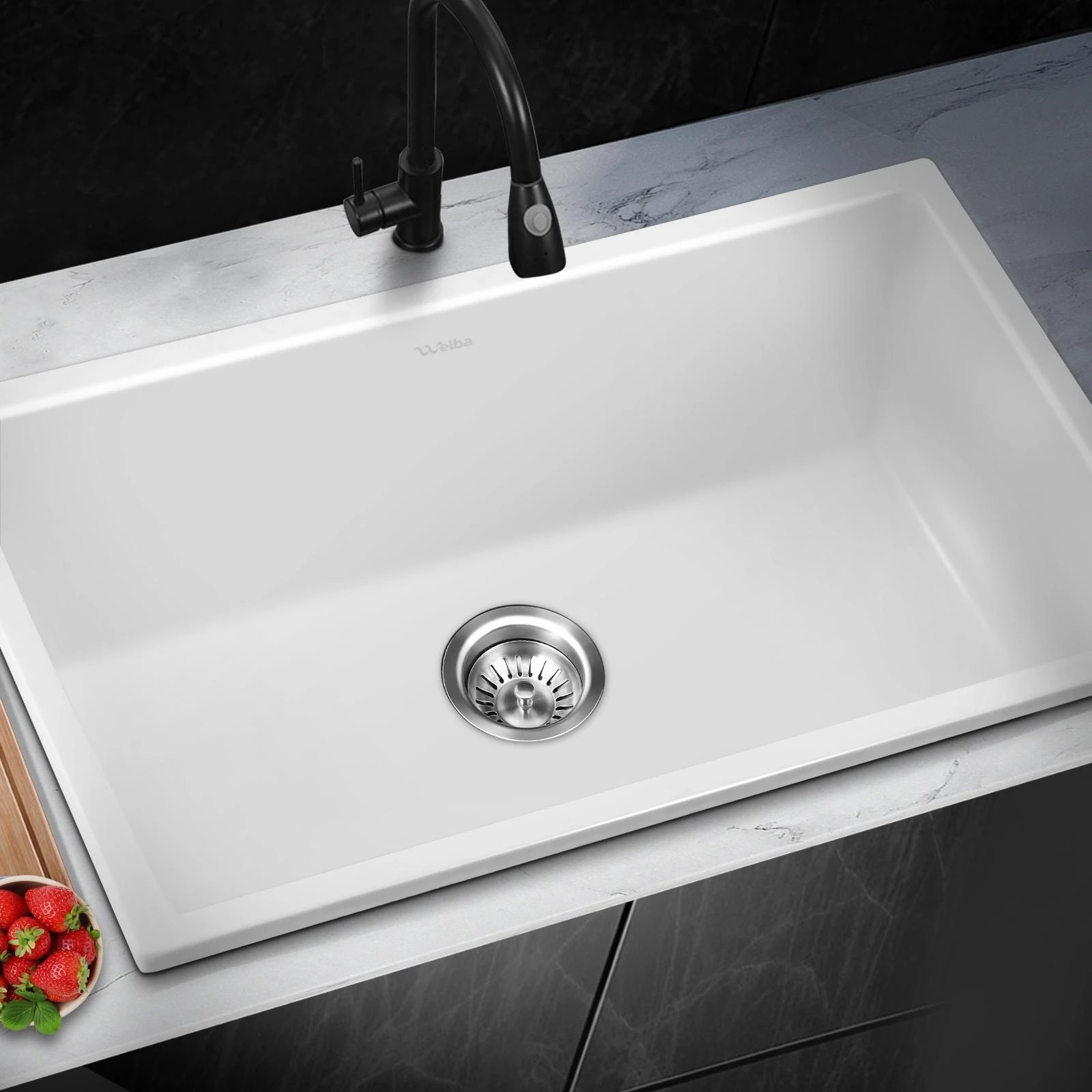2 Welba Kitchen Sink 70x45cm Granite Stone Sink Laundry Basin Single Bowl - White, 2 of 7
