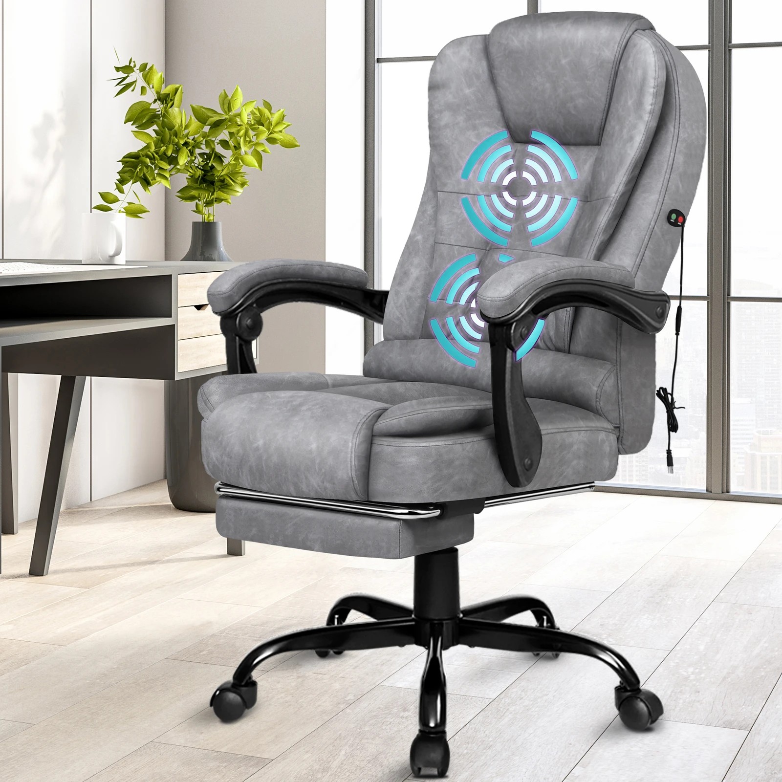 10 Alfordson Massage Office Chair Vintage Grey Leather Footrest Executive Race Seat - Grey, 10 of 10