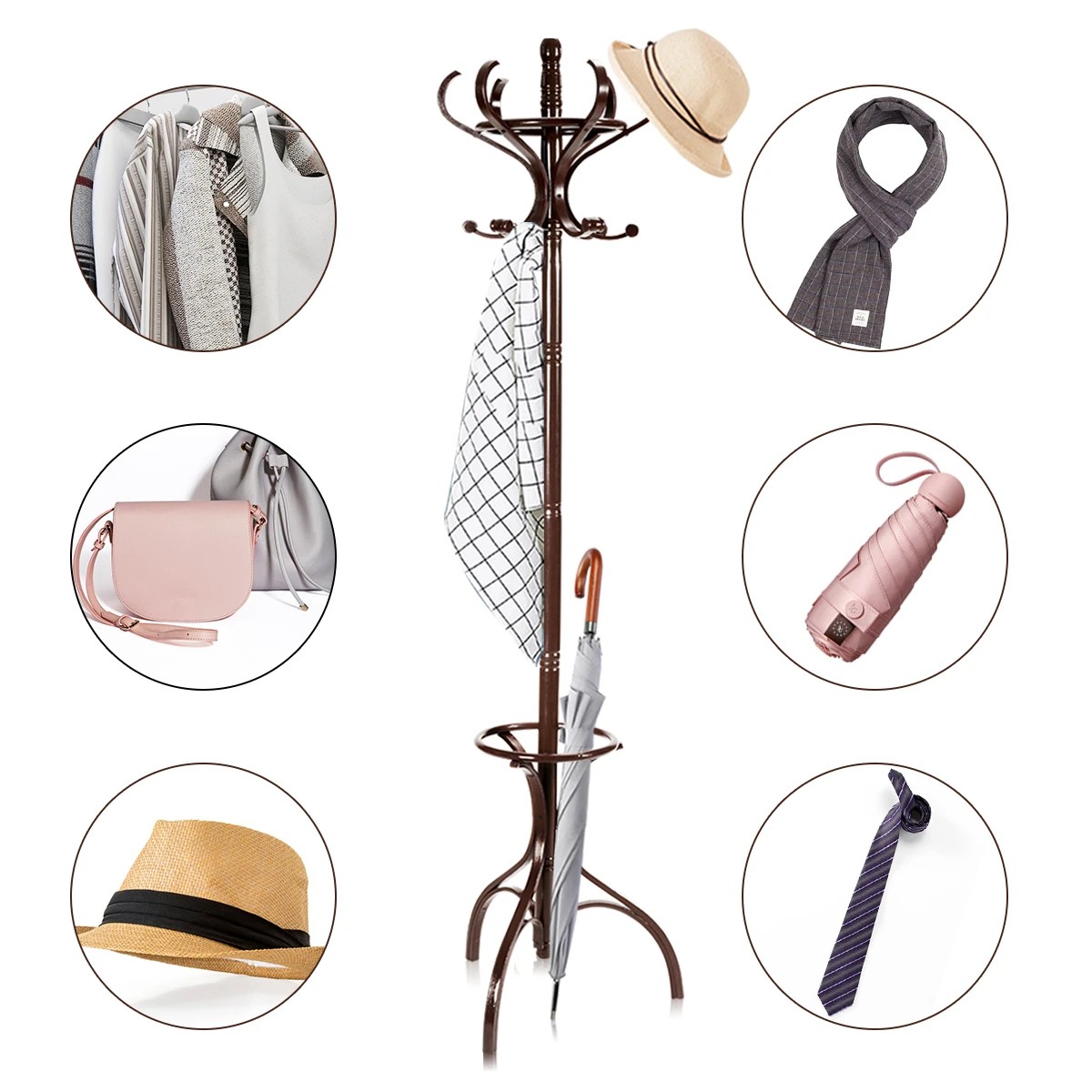 4 Costway Wood Coat Rack Hat Stand Clothes Hanger w/Umbrellar Holder & 12 Hooks 1.8M, 4 of 8