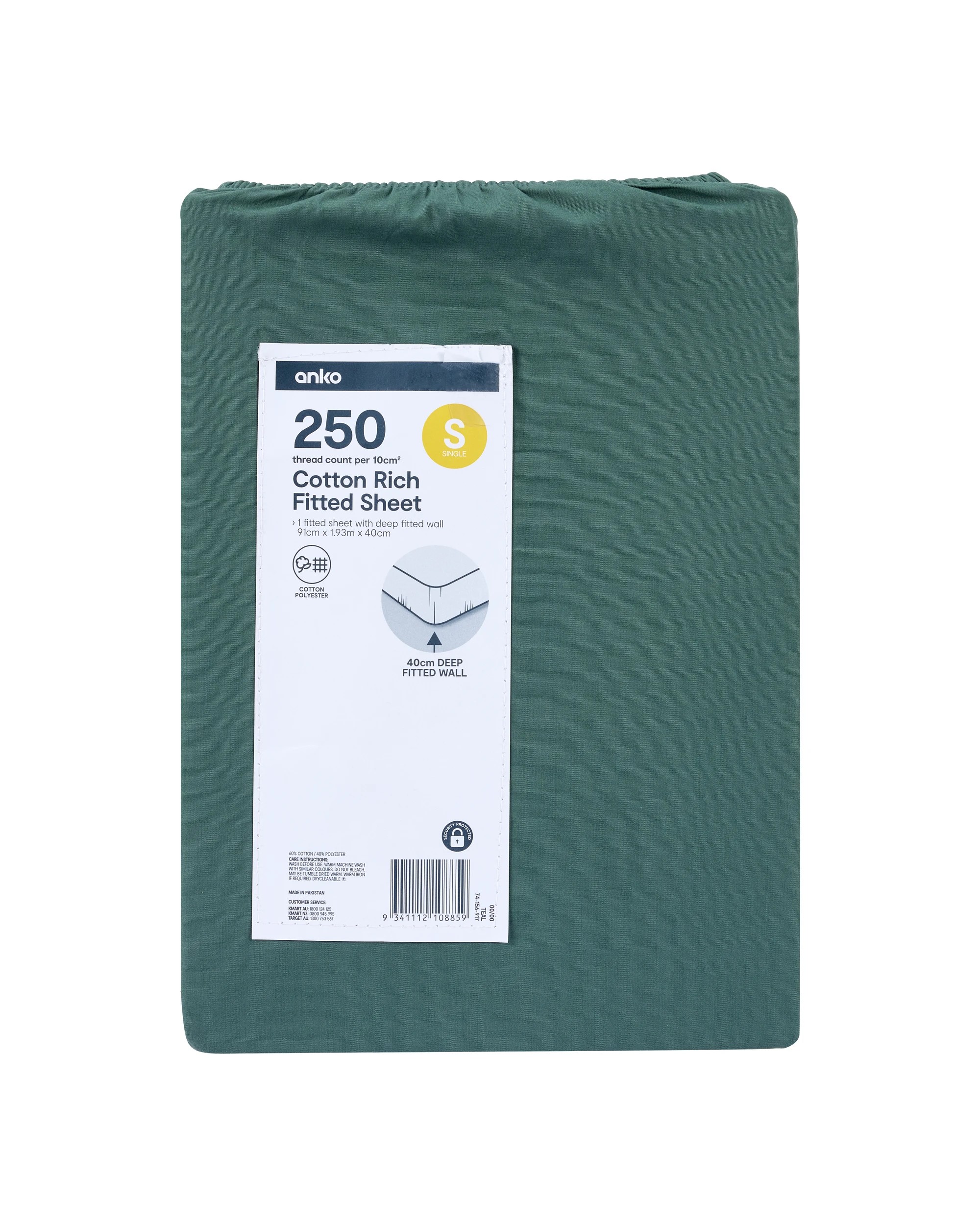 4 250 Thread Count Cotton Rich Fitted Sheet - Single Bed, Teal, 4 of 4