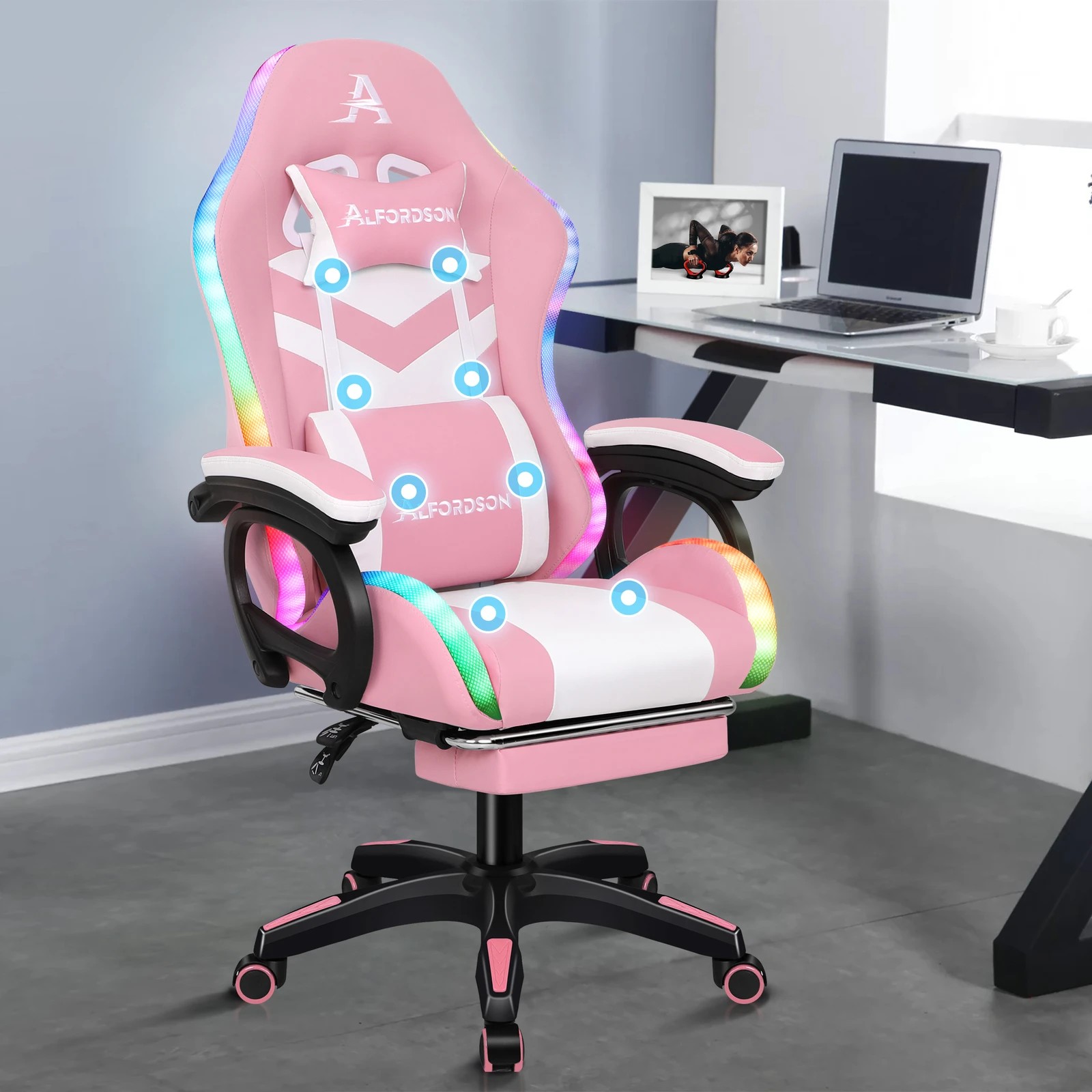 2 Alfordson Gaming Office Chair 12 RGB LED Massage Computer Seat Footrest - Pink, 2 of 10