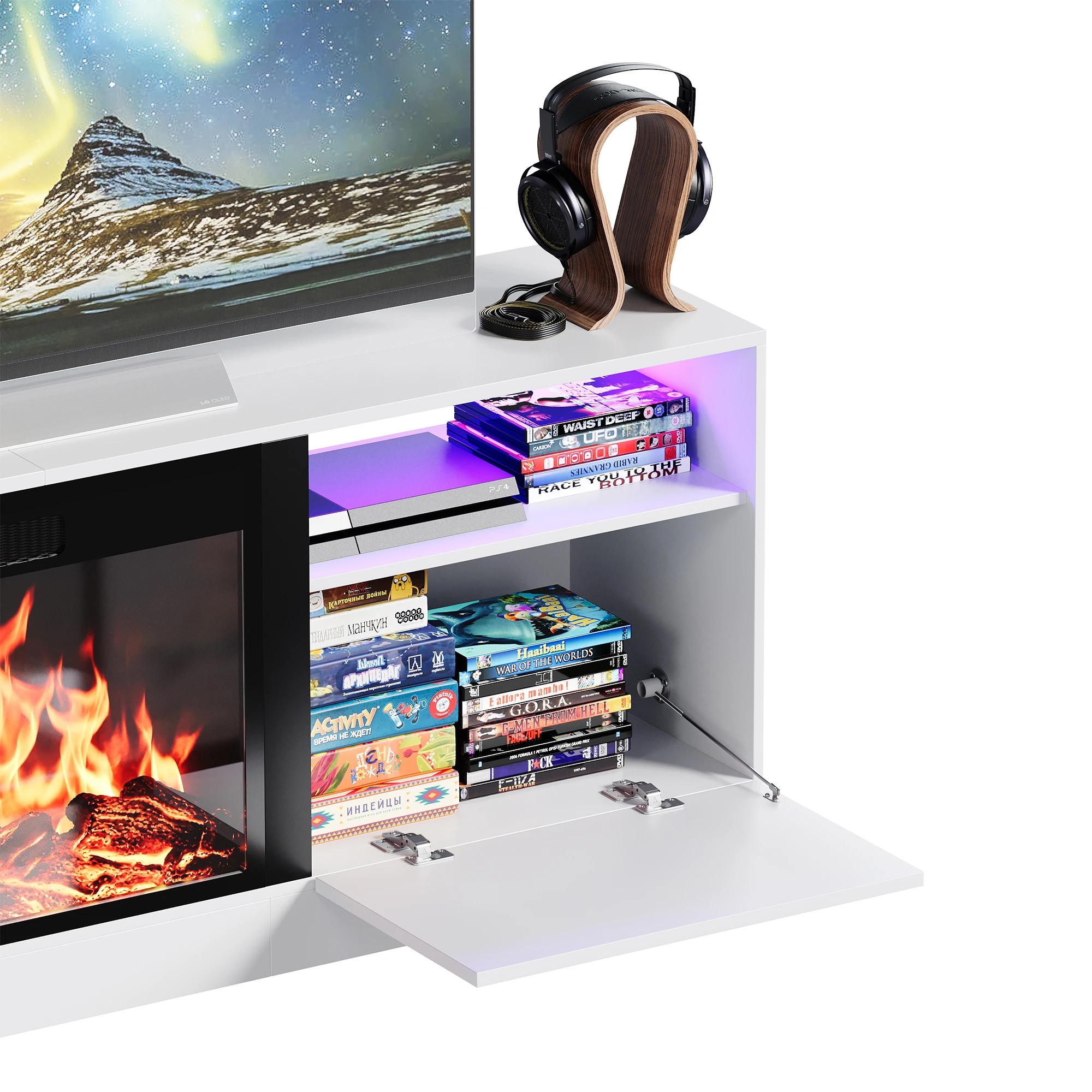 3 Advwin 160cm LED TV Cabinet w/ Fireplace & 3D Flame - White, 3 of 6