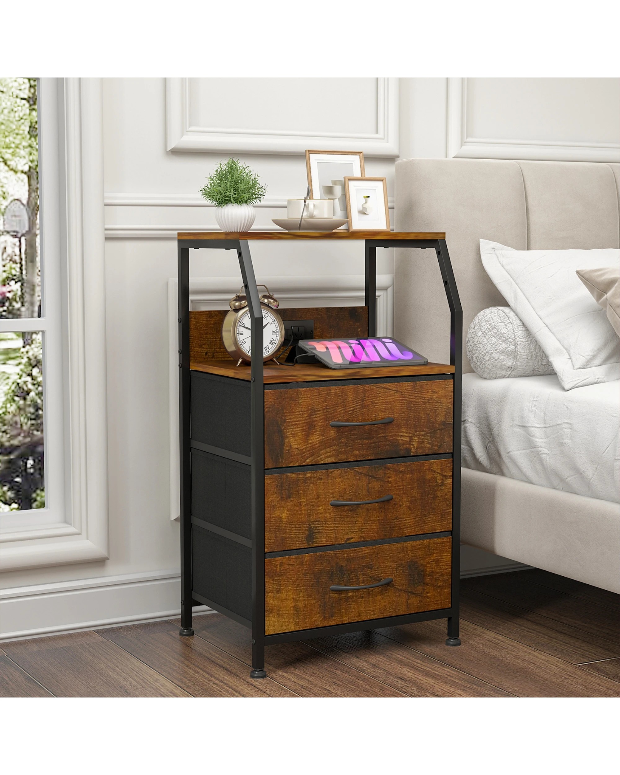 1 Advwin Bedside Table Set Of 2 With Charging Station 3 Fabric Drawers Nightstand, 1 of 7