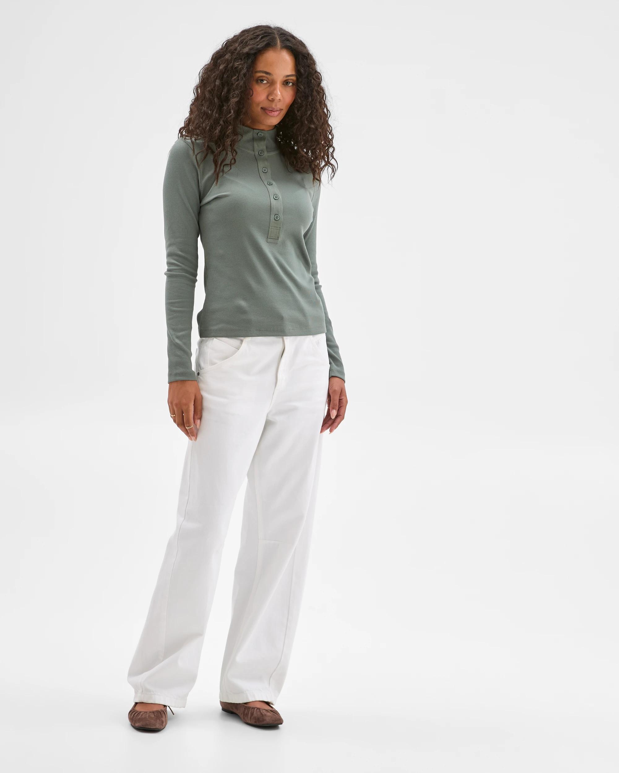 2 Target Woman Australian Cotton Long Sleeve Mock Neck Henley Top DUSTY KHAKI, 2 of 5