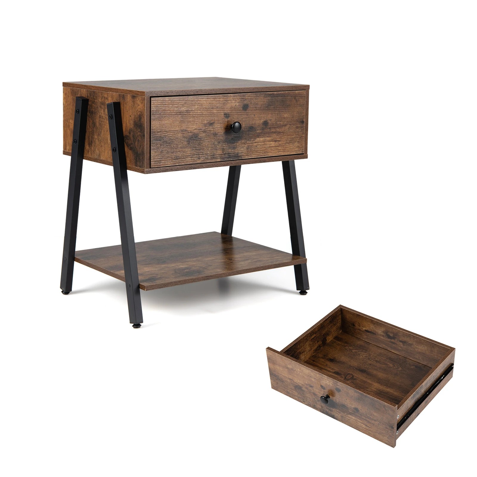 1 Costway Industrial Nightstand w/Drawer Wooden Bedside End Table, 1 of 6