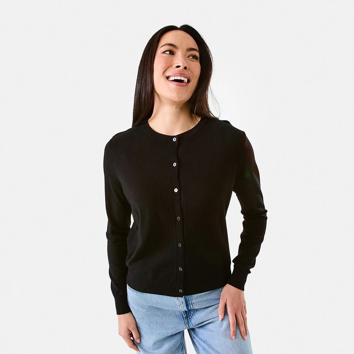 1 Lightweight Crew Neck Cardigan Black, 1 of 5