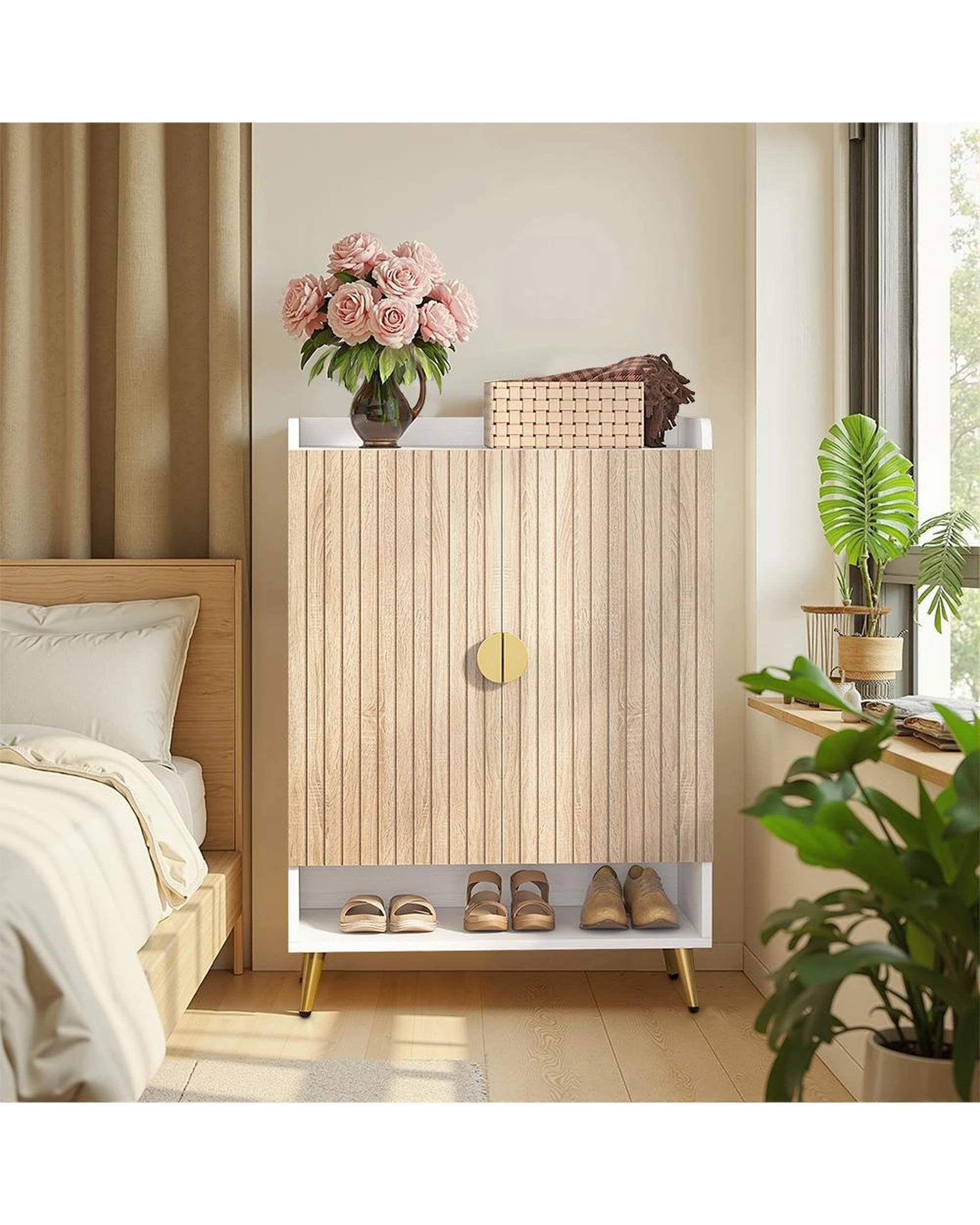 4 OAKORY 110cm White Shoe Cabinet with 7 Adjustable Tiers Wood Grain & White, 4 of 5