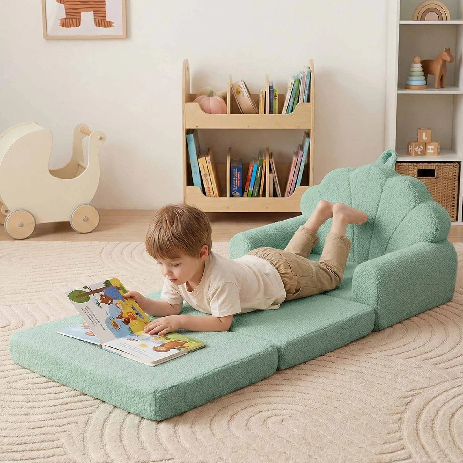 2 Costway Shell Folding Sofa 2-in-1 Flip Out Small Foam Couch Teddy Fleece Lounge Bed - Green, 2 of 2