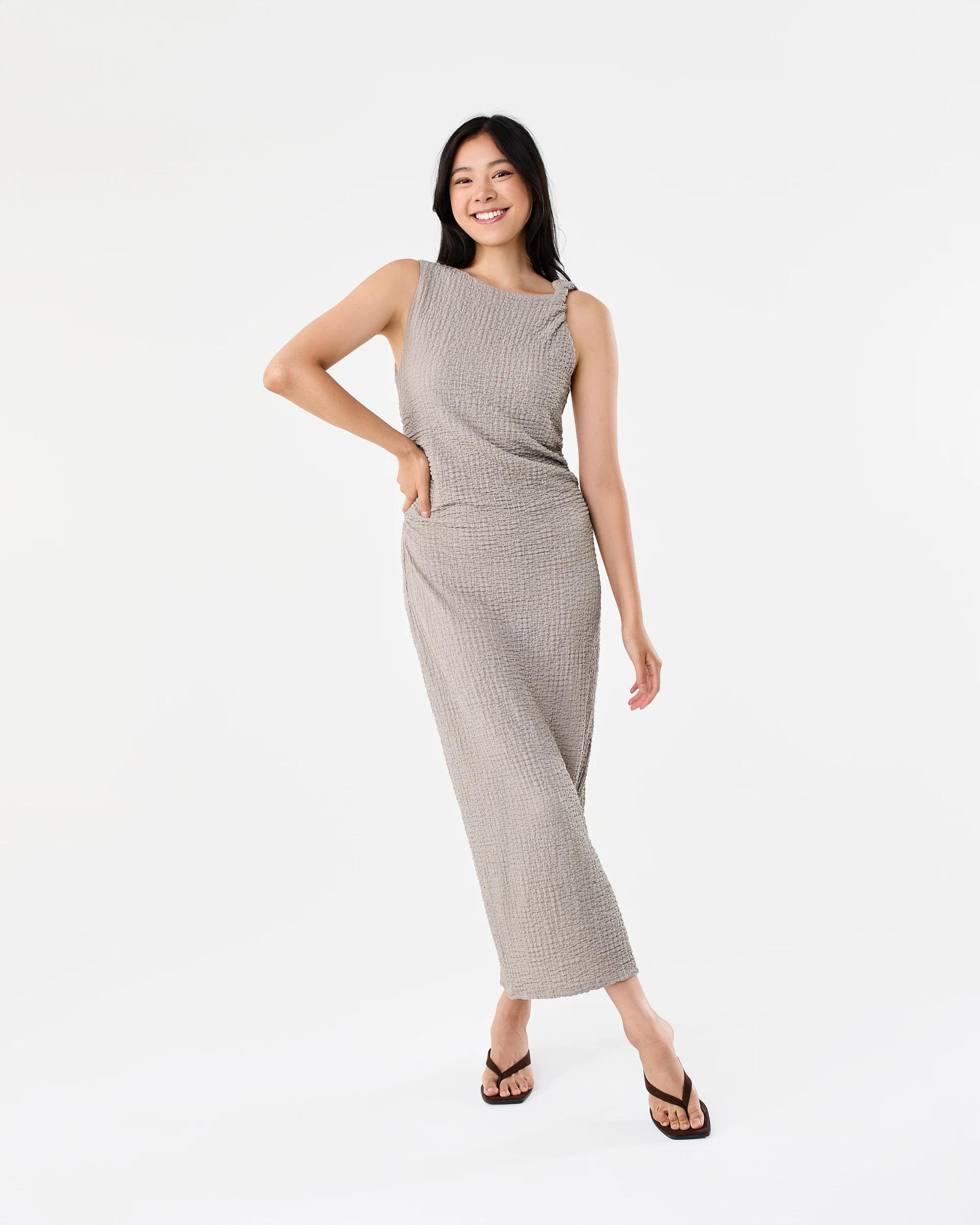 1 Sleeveless Textured Twist Midi Dress Grey Taupe, 1 of 7