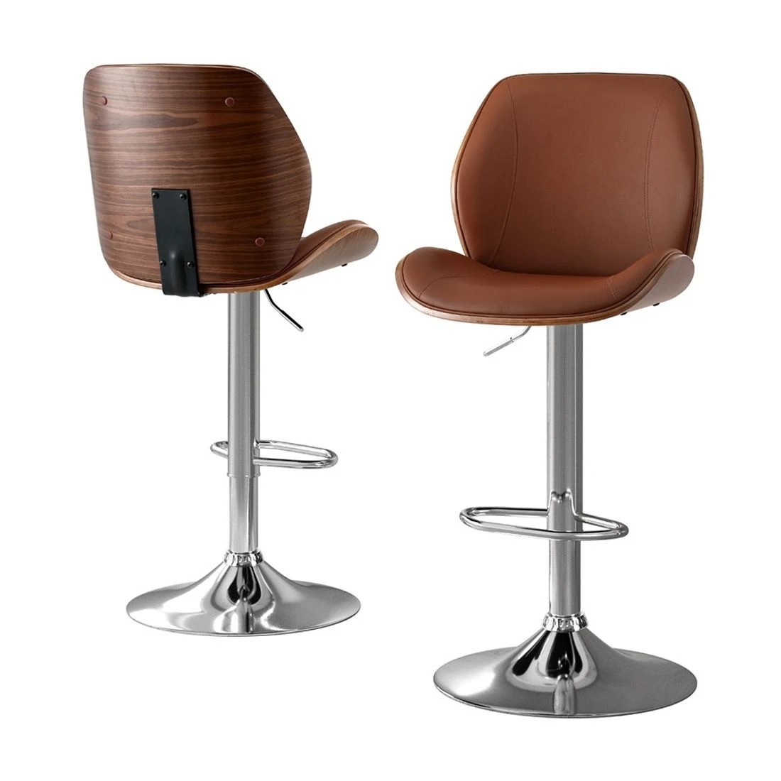 2 Artiss 2X Bar Stools Bentwood Adjustable Kitchen Counter Chair Leather - Brown, 2 of 5