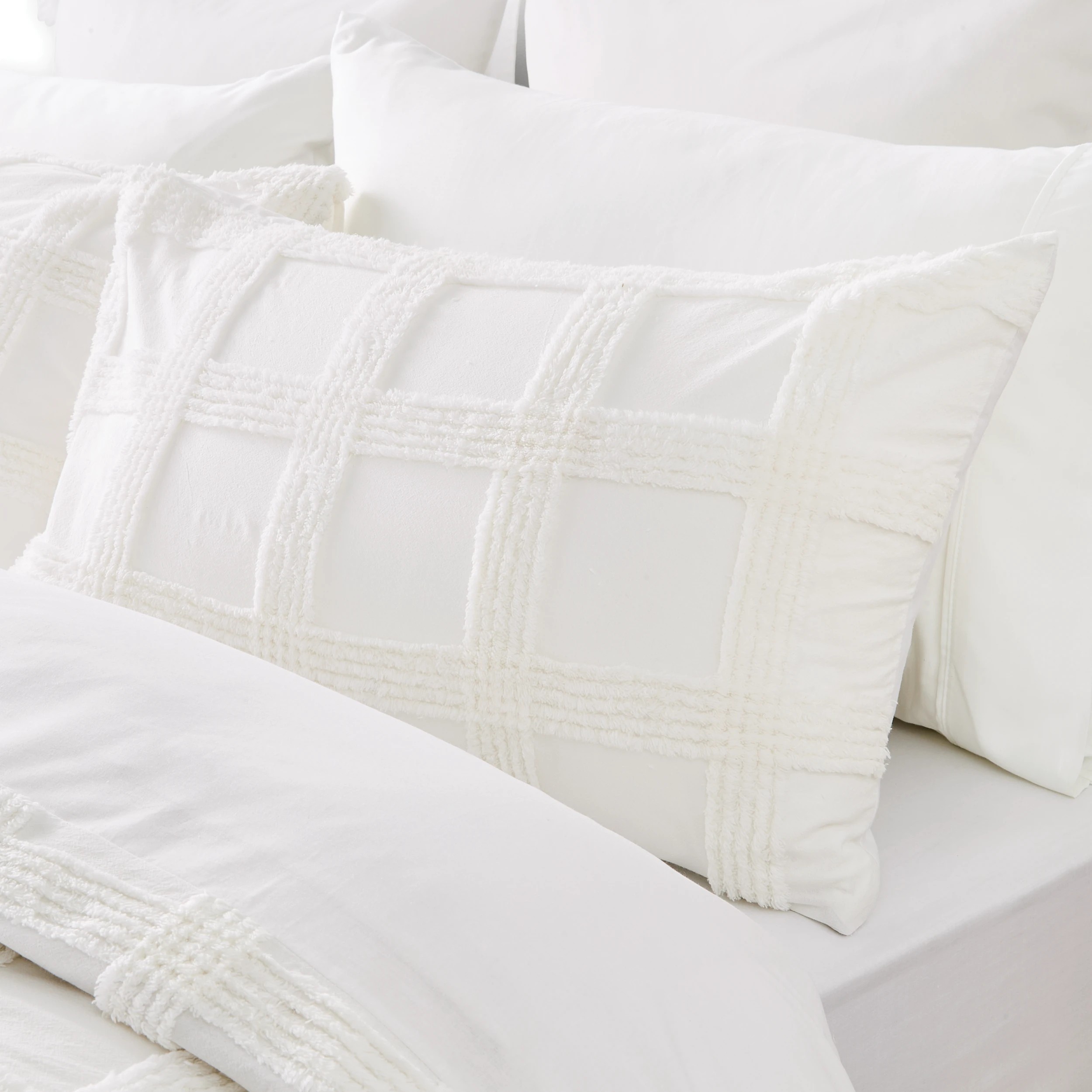 2 Check Tufted Cotton Quilt Cover Set - Double Bed, White, 2 of 6