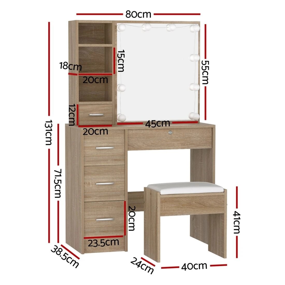 4 Artiss Dressing Table Set Stool 10 Led Bulbs Wood - Natural, 4 of 8
