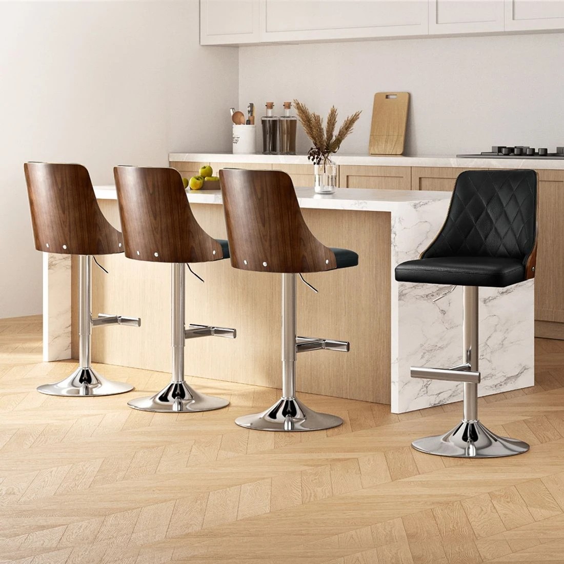 3 Artiss 4X Bar Stool Wood Swivel Adjustable Kitchen Counter Stool Leather - Black, 3 of 7