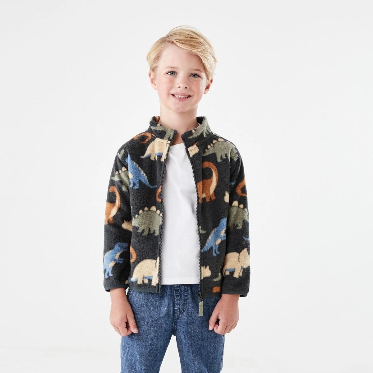 1 Fleece Zip Through Sweatshirt Gry Dino, 1 of 9