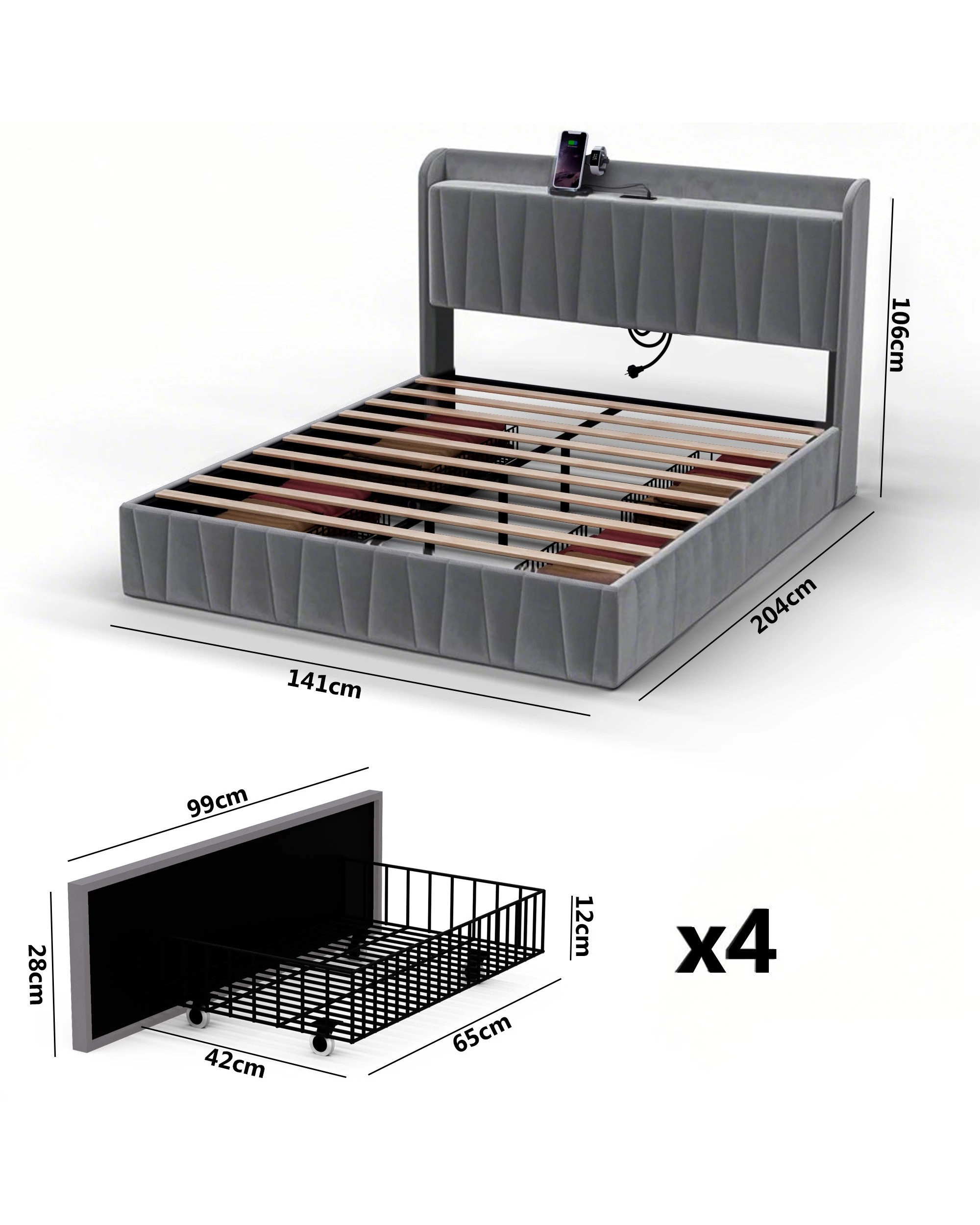 3 Advwin Bed Frame Double Size with 4 Storage Drawers & Charging Station - Grey, 3 of 7