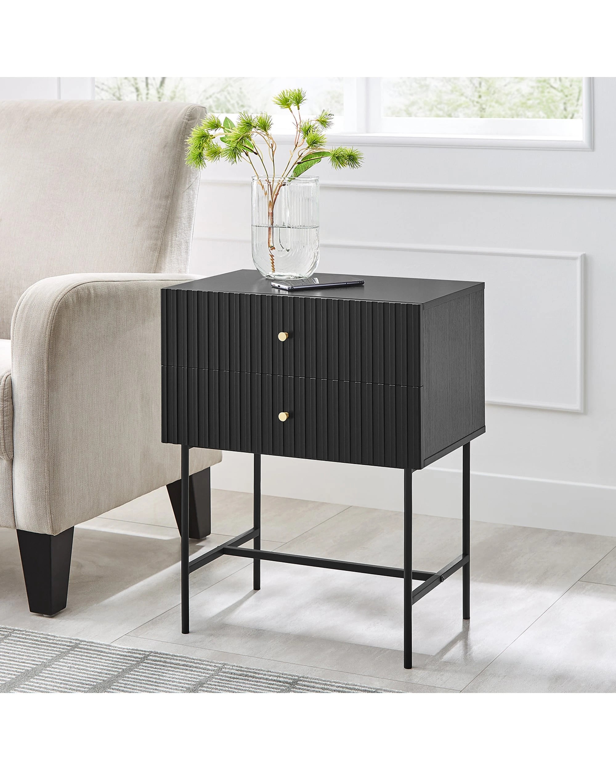 1 Sarantino Arden Fluted 2-Drawer Bedside Table Night Stand - Black, 1 of 5