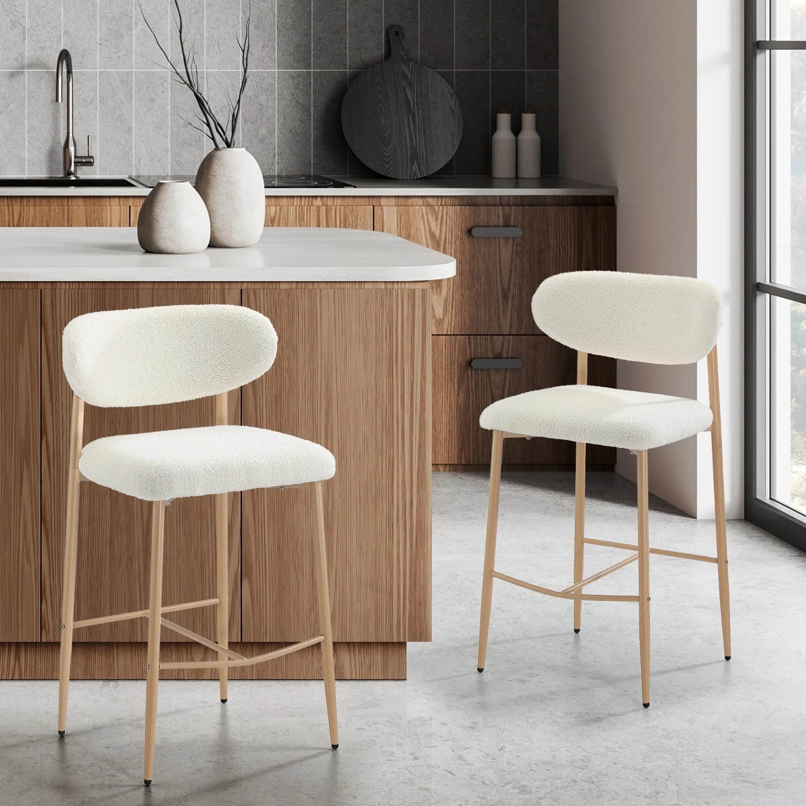 2 Oikiture 2x Bar Stools Kitchen Stool Counter Chair Boucle Fabric
 - Natural, 2 of 10