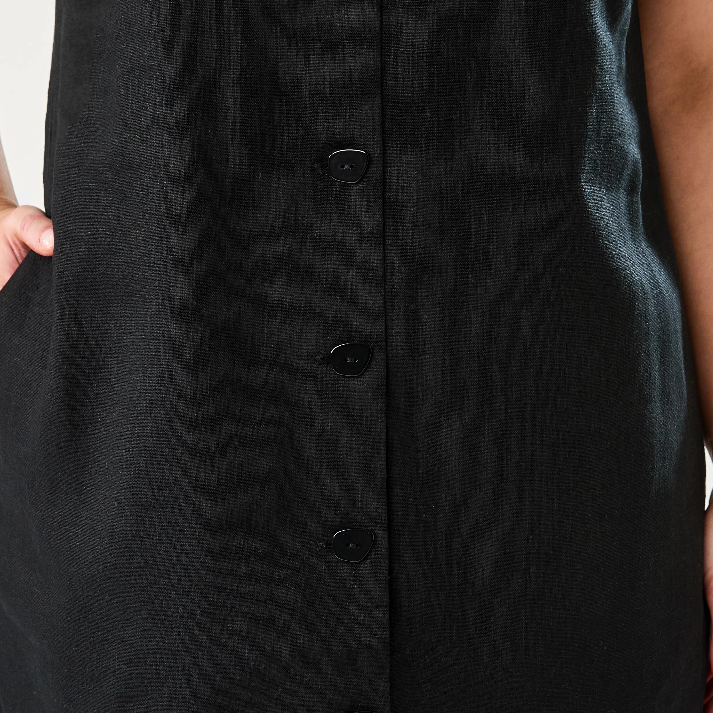 7 Sleeveless V-neck Linen Blend Button Mini Dress Black, 7 of 9